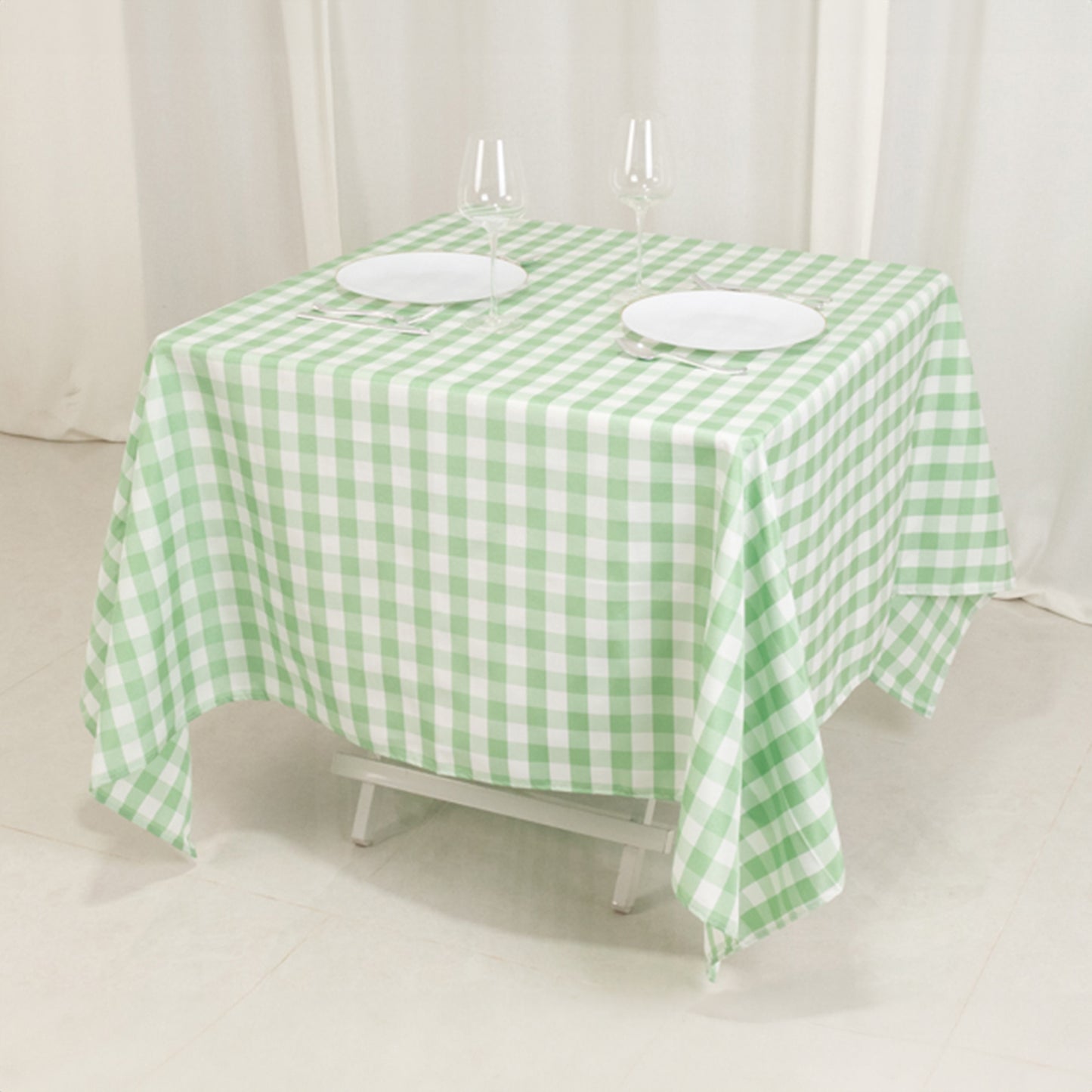 70"x70" White Sage Green Buffalo Plaid Square Tablecloth, Gingham Polyester Checkered Tablecloth