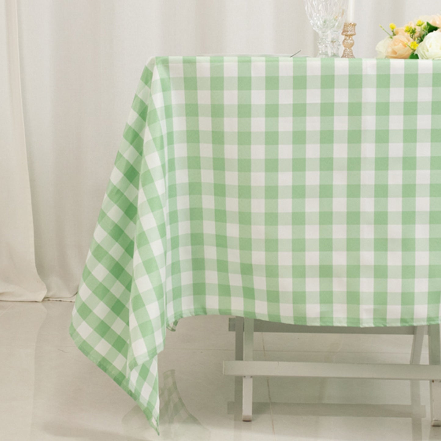 70"x70" White Sage Green Buffalo Plaid Square Table Overlay, Gingham Polyester Checkered Table Overlay