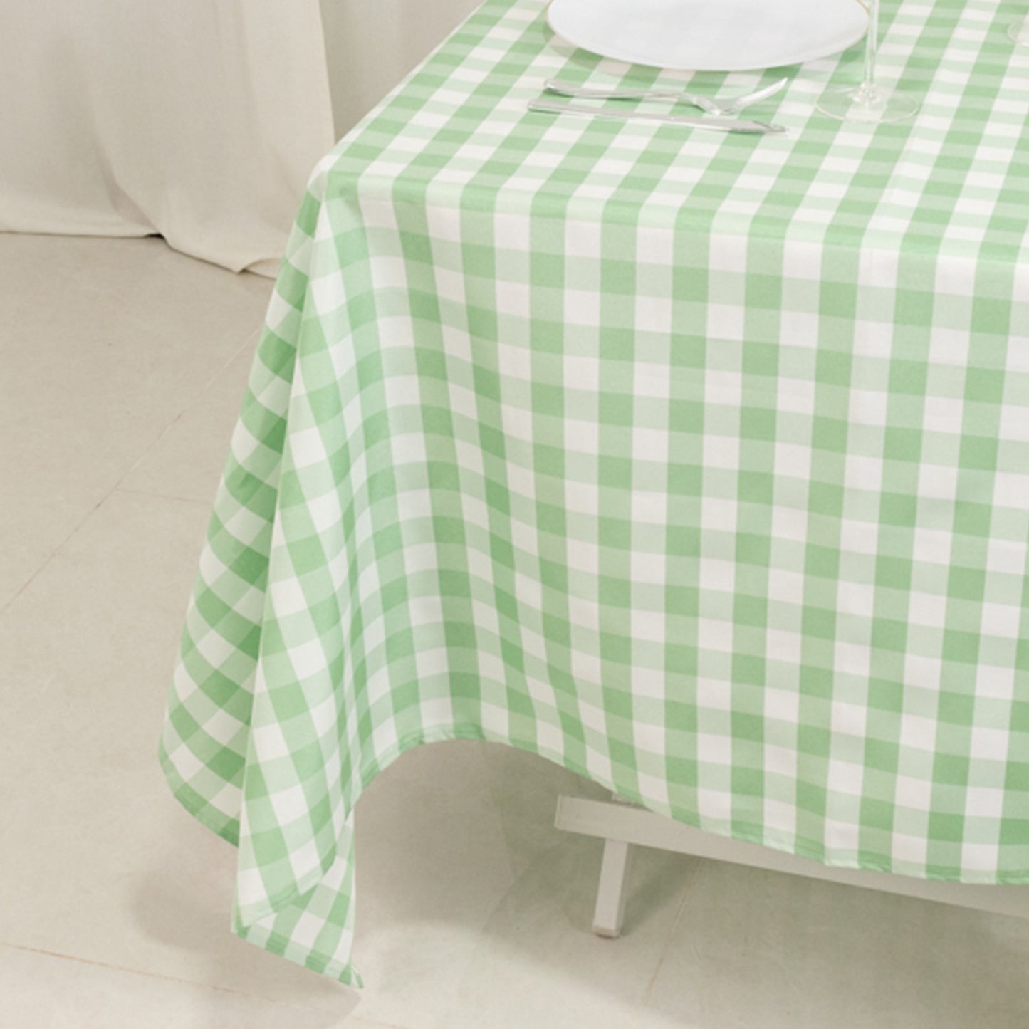 70"x70" White Sage Green Buffalo Plaid Square Tablecloth, Gingham Polyester Checkered Tablecloth