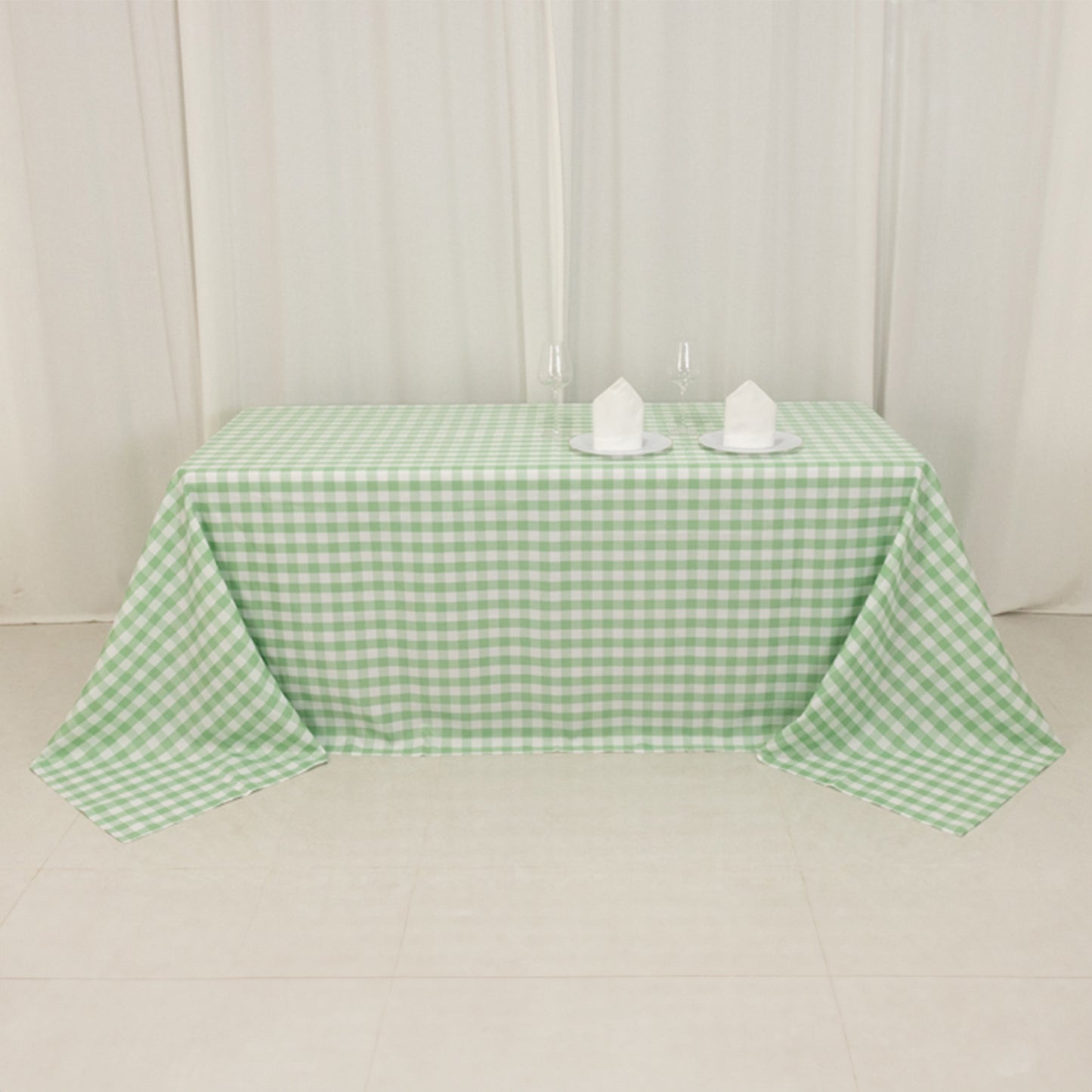 90"x132" White Sage Green Seamless Buffalo Plaid Rectangle Tablecloth, Checkered Polyester Tablecloth for 6 Foot Table With Floor-Length Drop