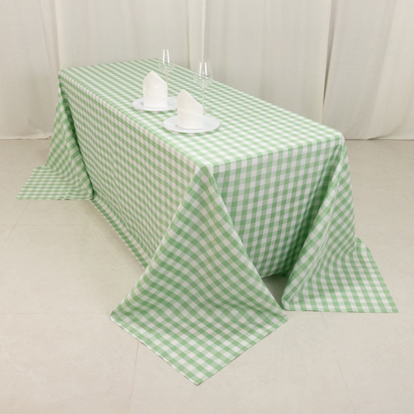 90"x132" White Sage Green Seamless Buffalo Plaid Rectangle Tablecloth, Checkered Polyester Tablecloth for 6 Foot Table With Floor-Length Drop