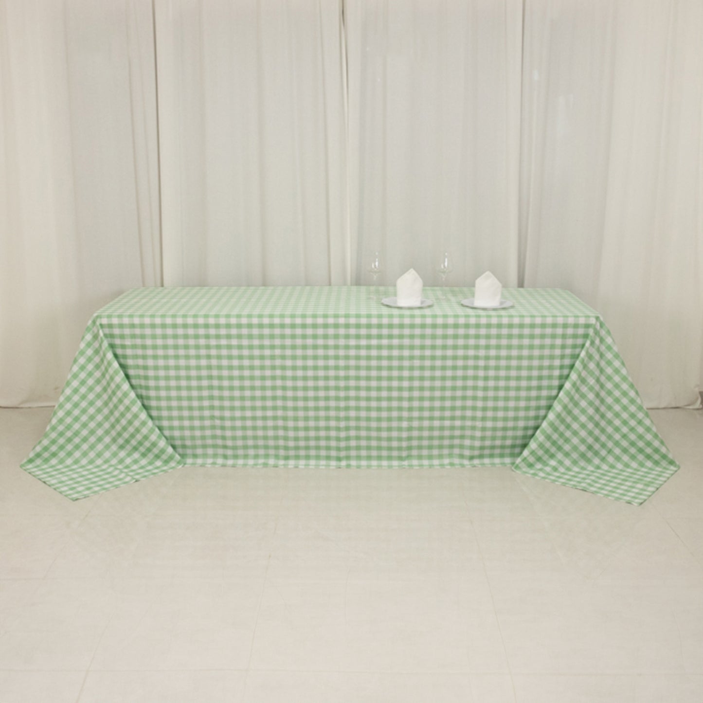 90"x156" White Sage Green Seamless Buffalo Plaid Rectangle Tablecloth, Checkered Polyester Tablecloth for 8 Foot Table With Floor-Length Drop