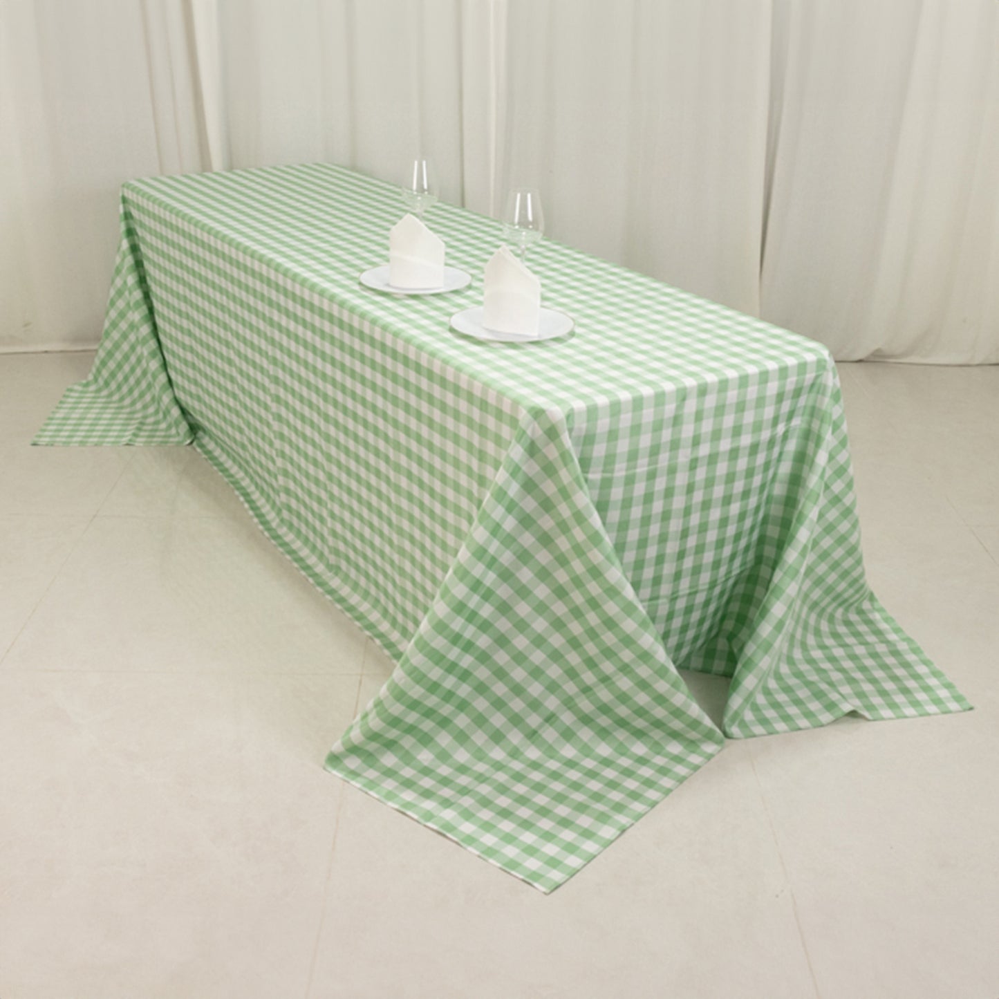 90"x156" White Sage Green Seamless Buffalo Plaid Rectangle Tablecloth, Checkered Polyester Tablecloth for 8 Foot Table With Floor-Length Drop