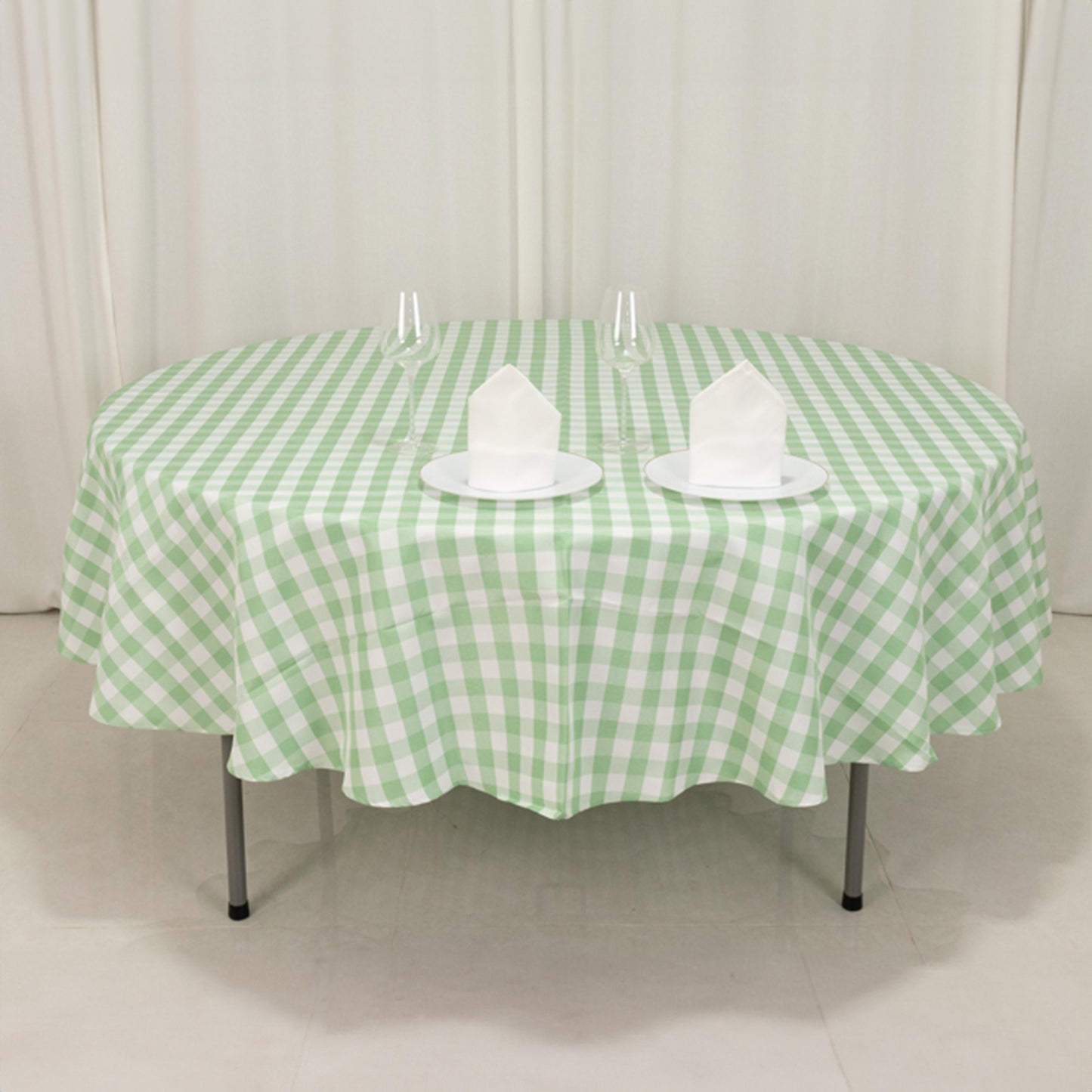 90" White Sage Green Buffalo Plaid Round Tablecloth, Gingham Polyester Checkered Tablecloth