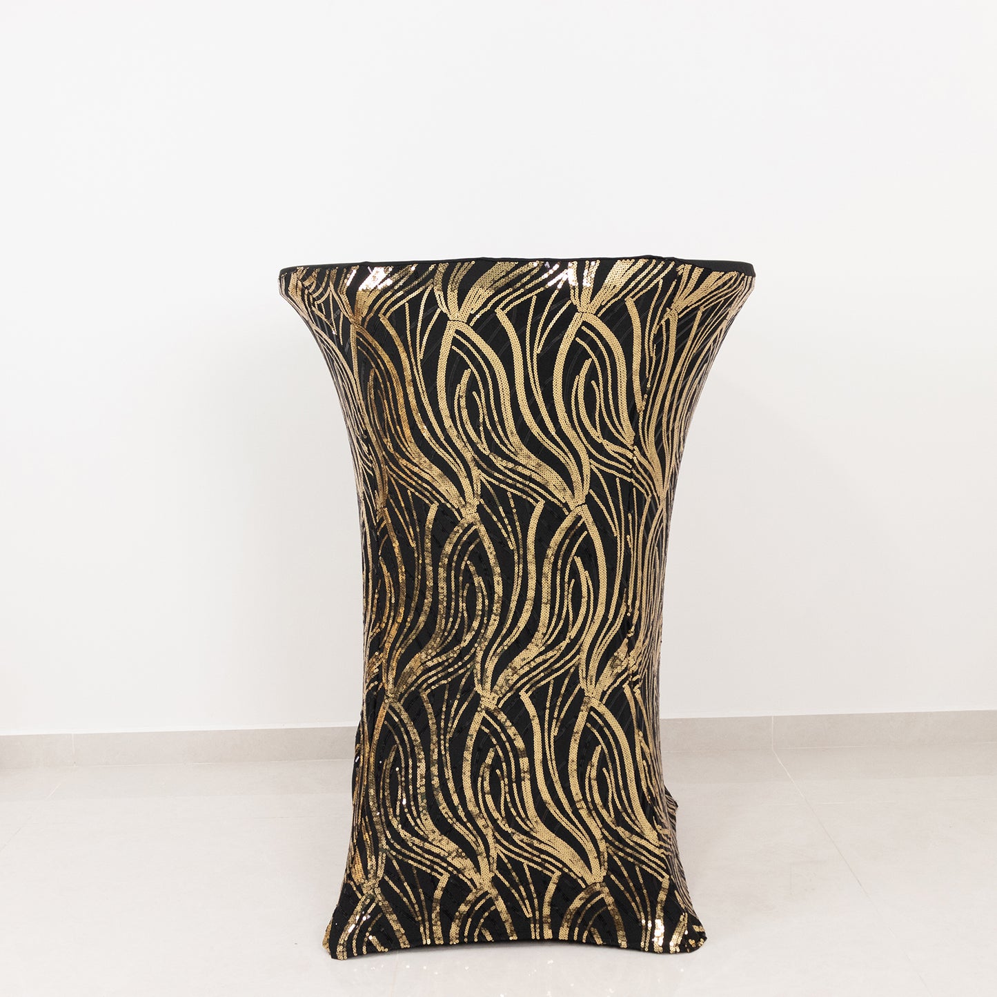 Black Gold Cocktail Spandex Table Cover with Wave Embroidered Sequins for 30" - 32" Dia. High Top Tables