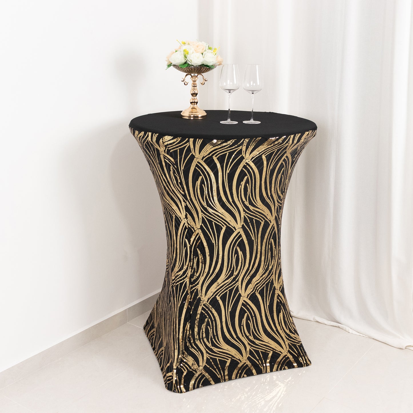 Black Gold Cocktail Spandex Table Cover with Wave Embroidered Sequins for 30" - 32" Dia. High Top Tables