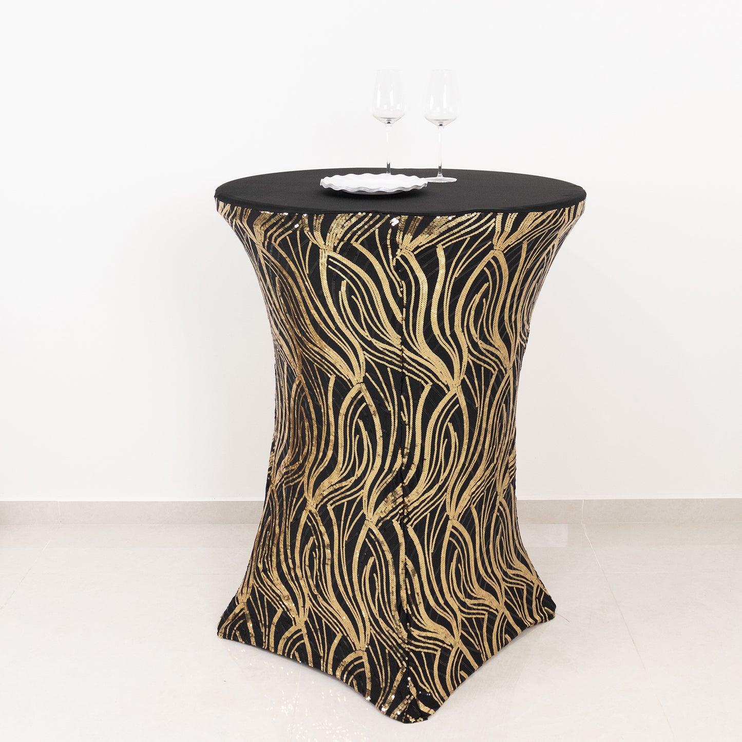 Black Gold Cocktail Spandex Table Cover with Wave Embroidered Sequins for 30" - 32" Dia. High Top Tables