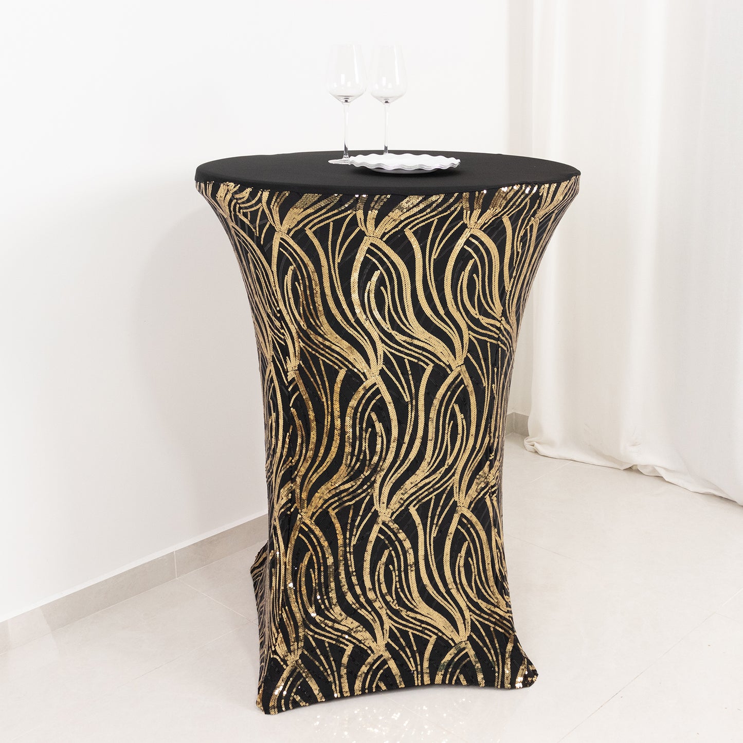 Black Gold Cocktail Spandex Table Cover with Wave Embroidered Sequins for 30" - 32" Dia. High Top Tables