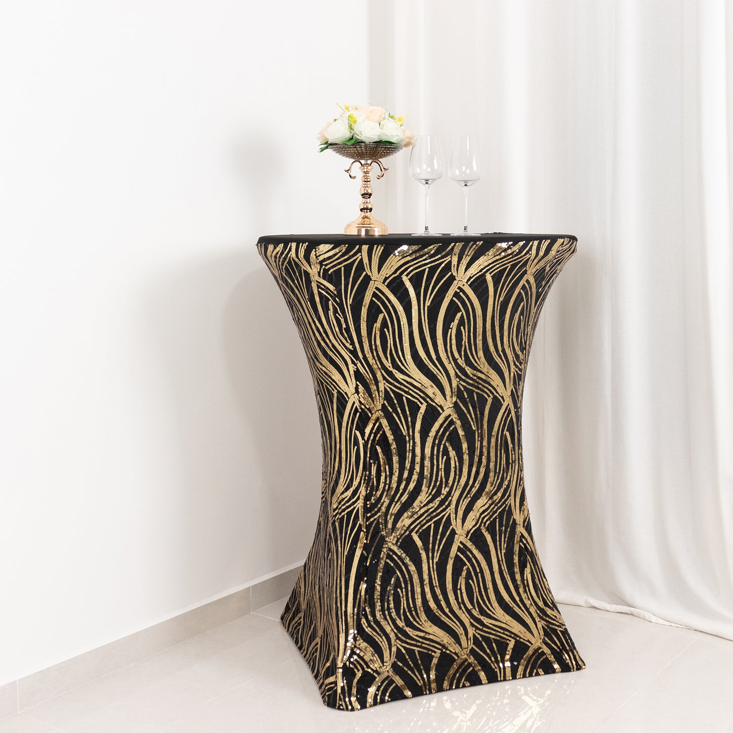 Black Gold Cocktail Spandex Table Cover with Wave Embroidered Sequins for 30" - 32" Dia. High Top Tables