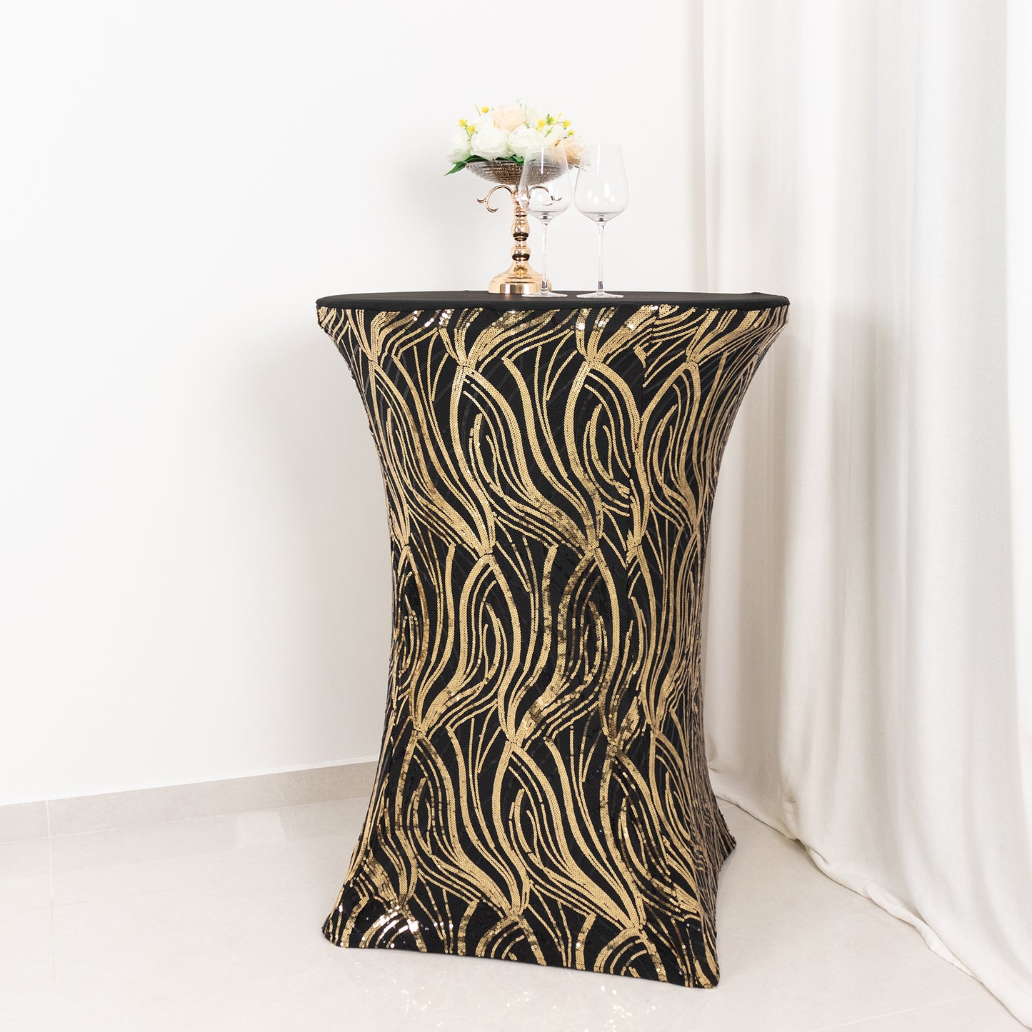 Black Gold Cocktail Spandex Table Cover with Wave Embroidered Sequins for 30" - 32" Dia. High Top Tables