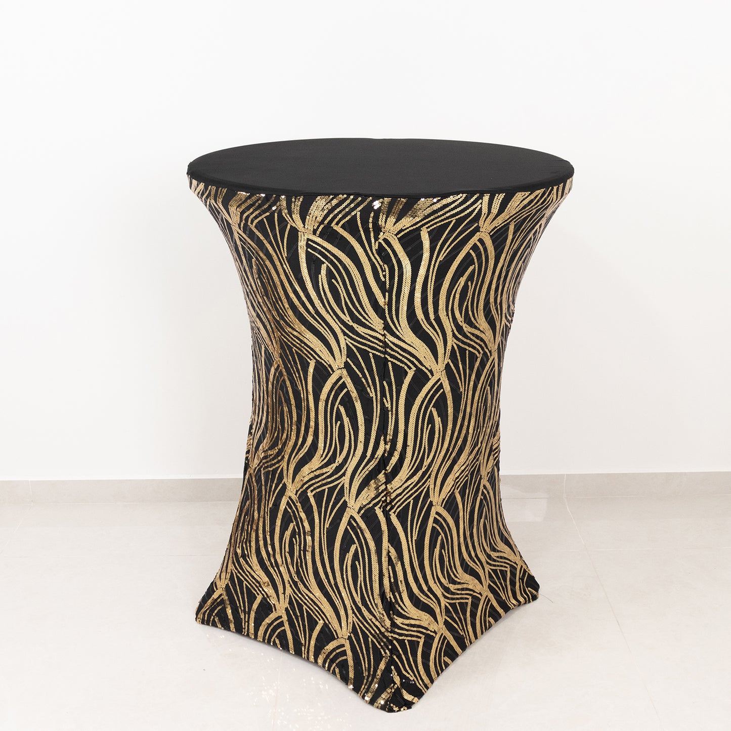 Black Gold Cocktail Spandex Table Cover with Wave Embroidered Sequins for 30" - 32" Dia. High Top Tables