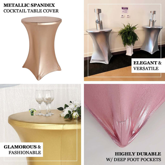 Blush metallic spandex fitted cocktail table cover for highboy tables.