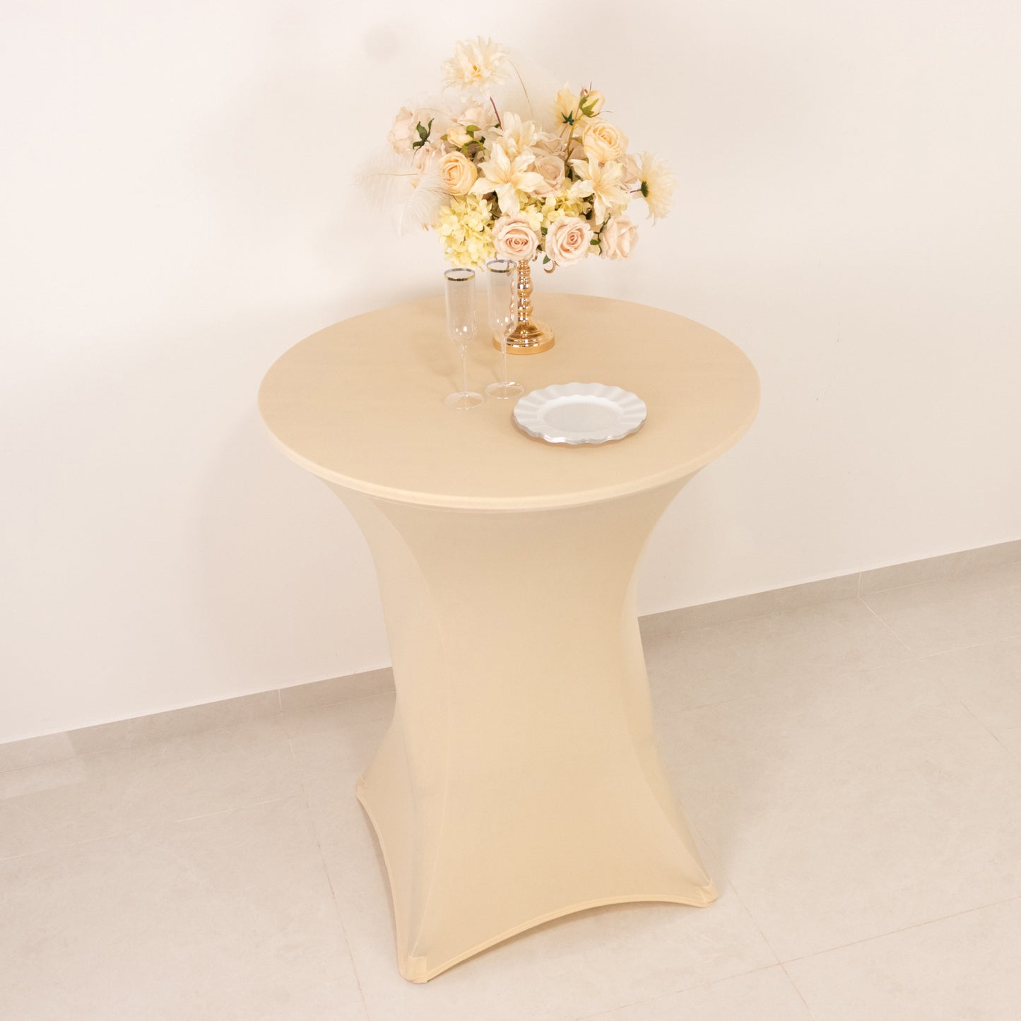 Beige Highboy Spandex Cocktail Table Cover, Fitted Stretch Tablecloth for 33"-36" Dia High Top Tables