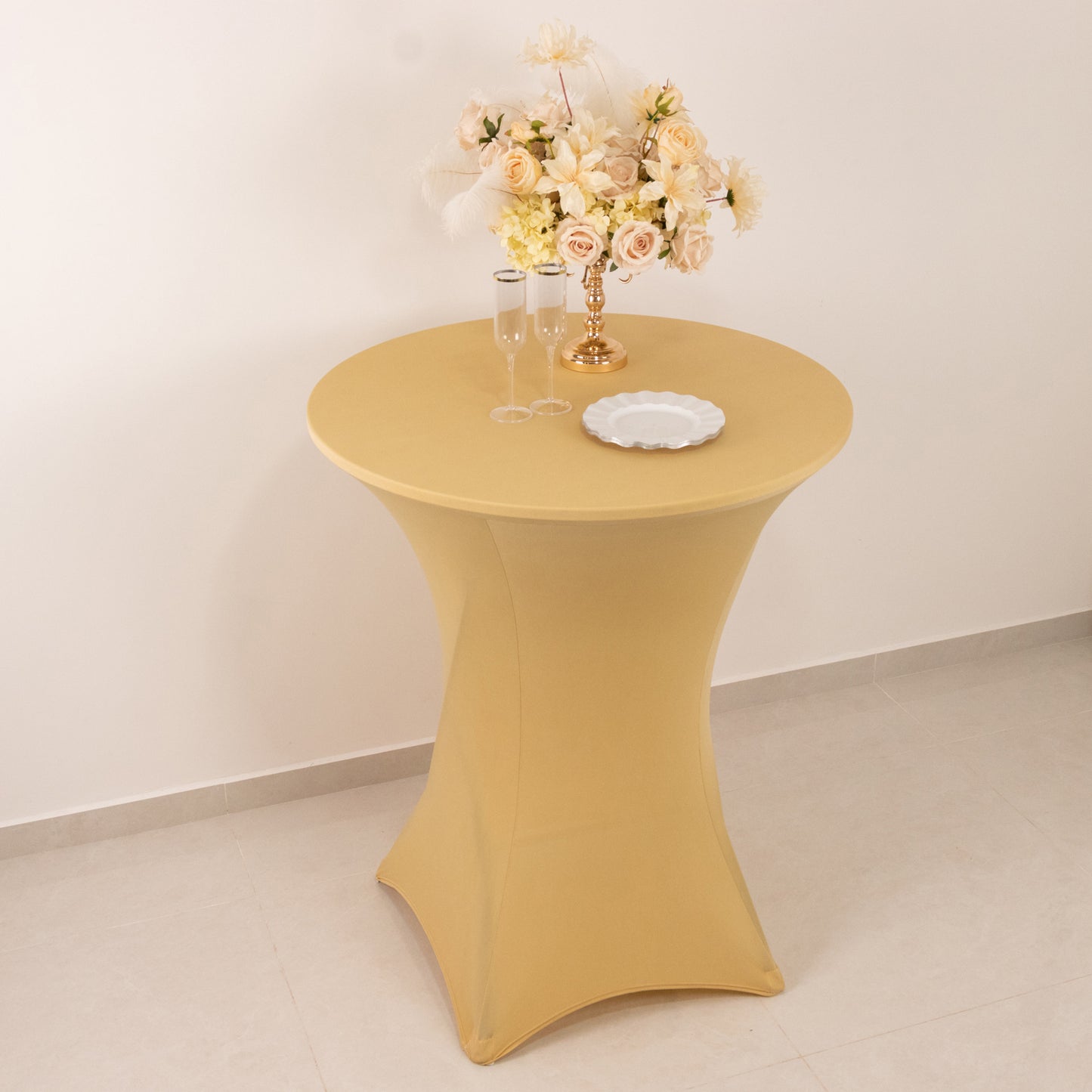 Spandex 36" Round Cocktail Table Cover Champagne - Easy to Maintain Stretch Fitted Highboy Tablecloth