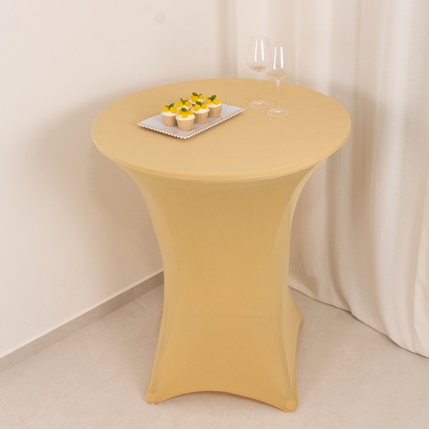 Spandex 36" Round Cocktail Table Cover Champagne - Easy to Maintain Stretch Fitted Highboy Tablecloth