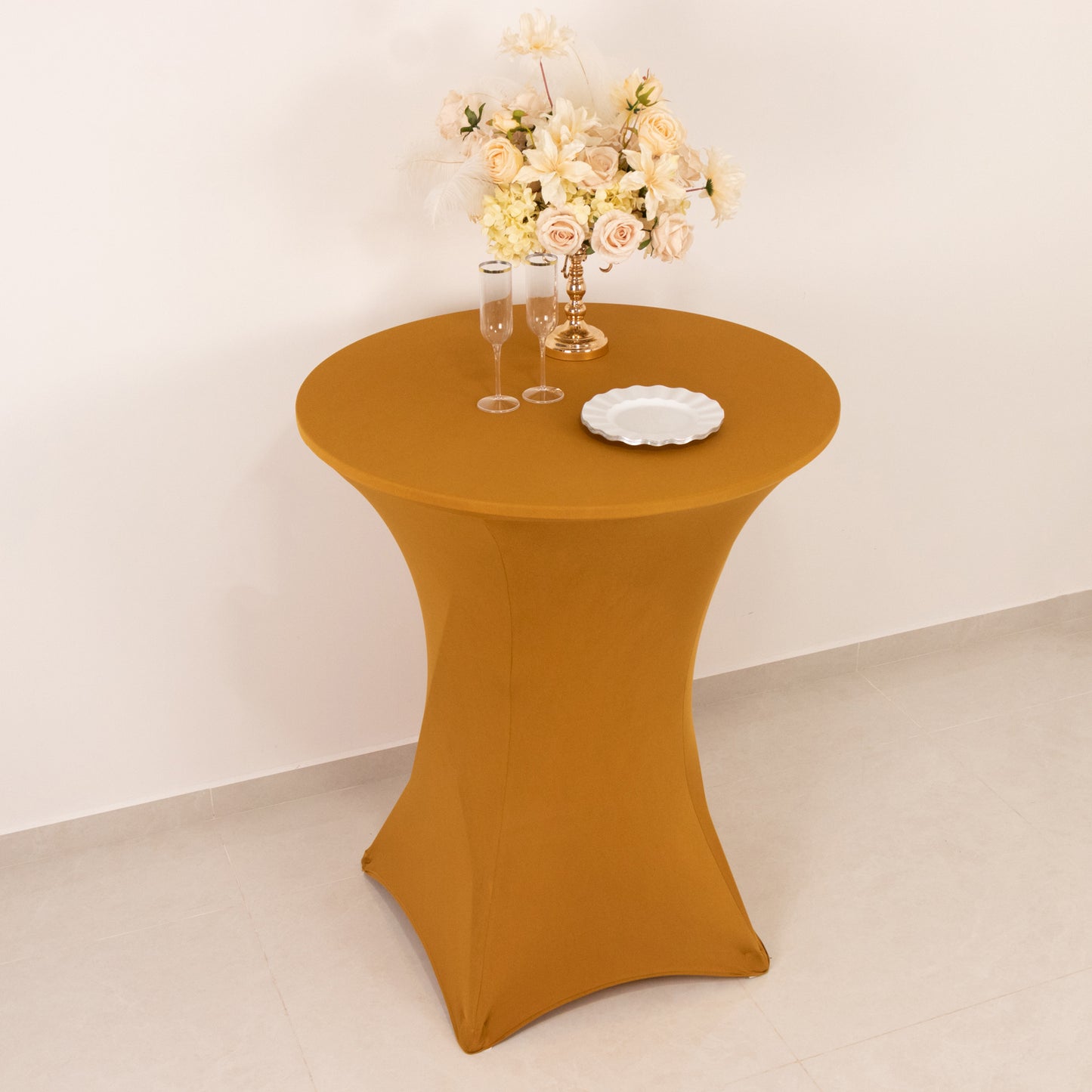 Gold Highboy Spandex Cocktail Table Cover, Fitted Stretch Tablecloth for 33"-36" Dia High Top Tables