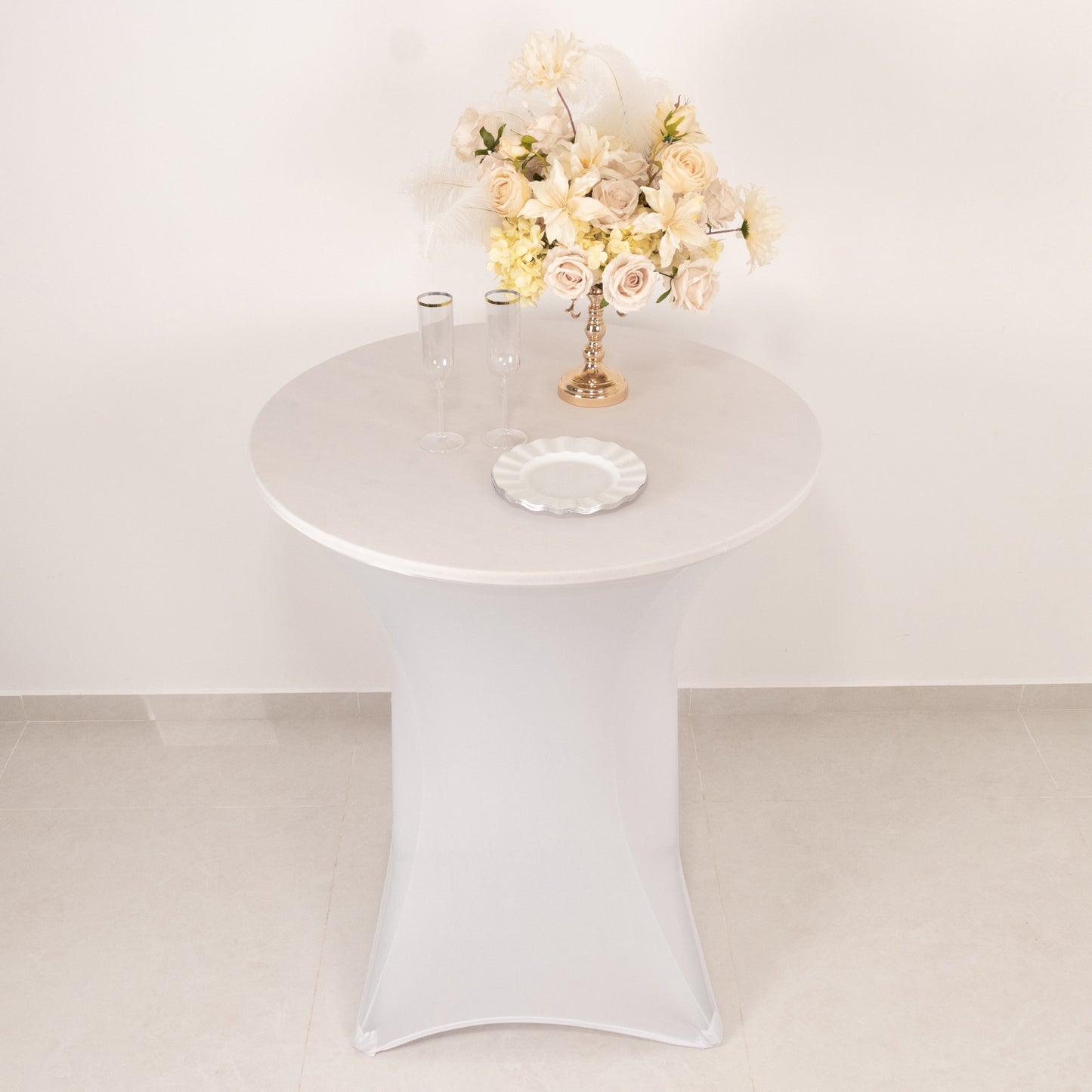 White Highboy Spandex Cocktail Table Cover, Fitted Stretch Tablecloth for 33"-36" Dia High Top Tables