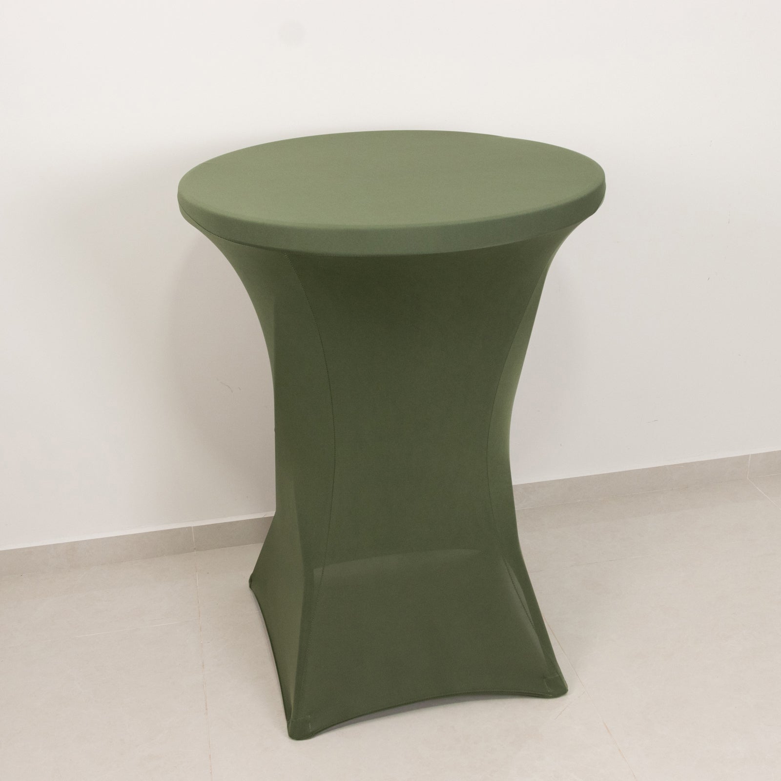 Dusty sage green fitted spandex cocktail table cover for high top tables.