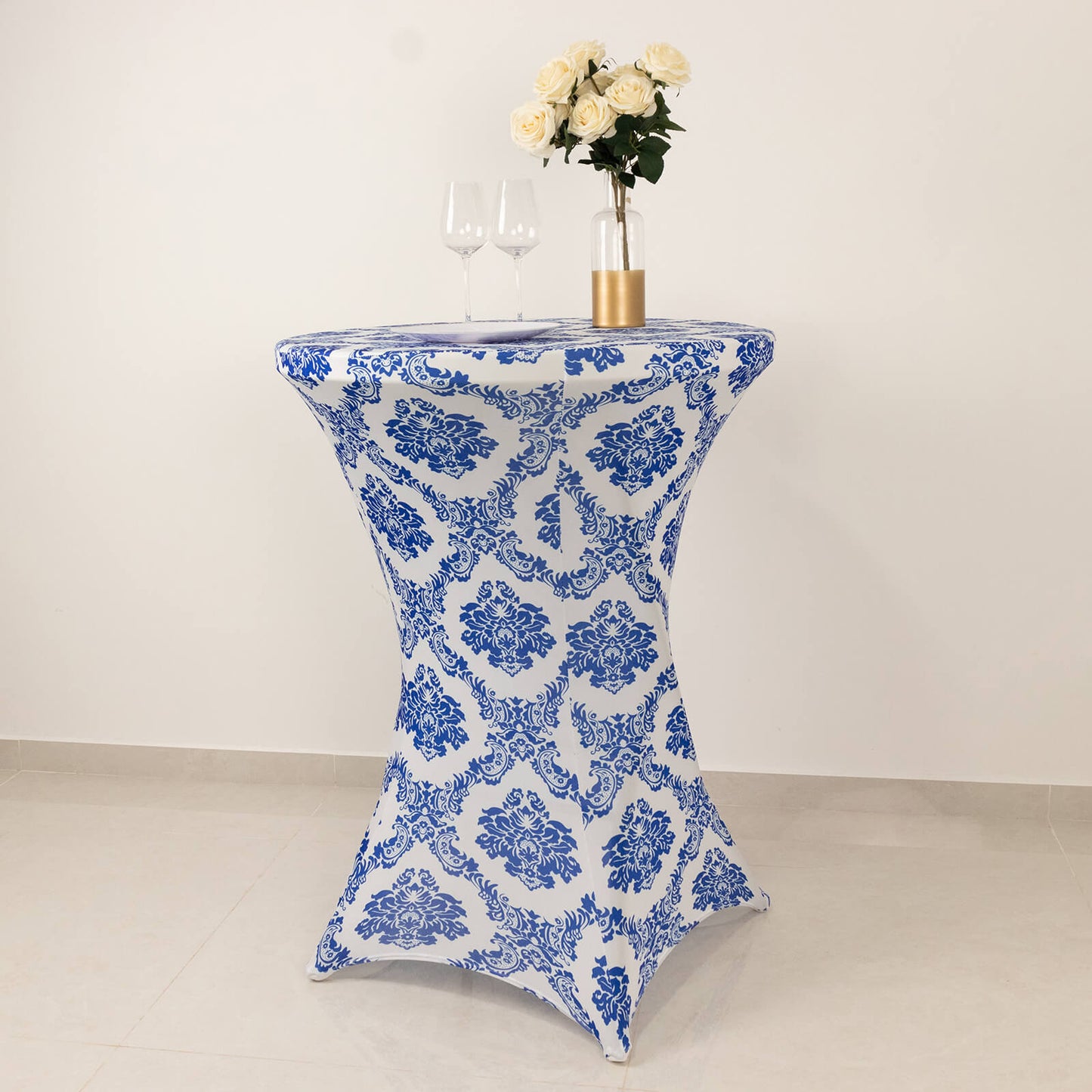 Royal Blue Damask Cocktail Spandex Table Cover, 30" Round Highboy Stretch Fitted Tablecloth