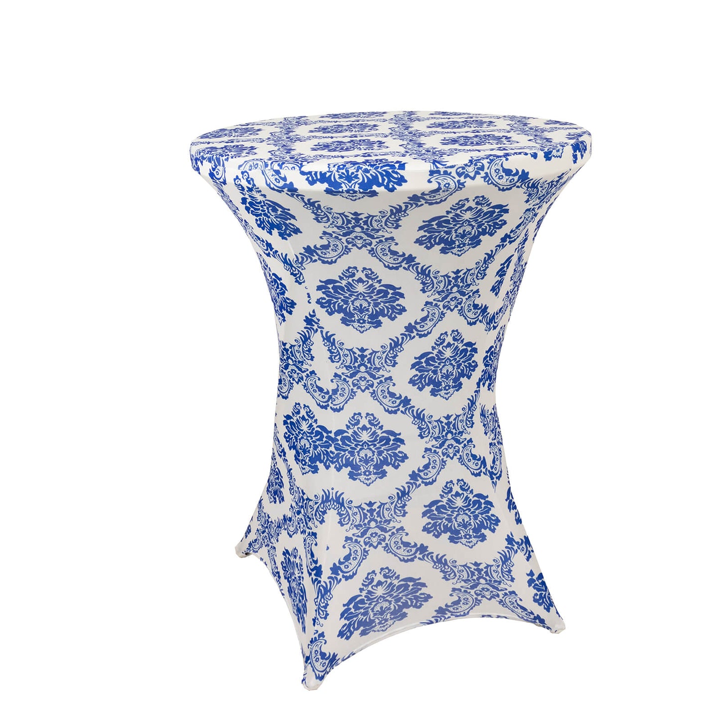 Royal Blue Damask Cocktail Spandex Table Cover, 30" Round Highboy Stretch Fitted Tablecloth