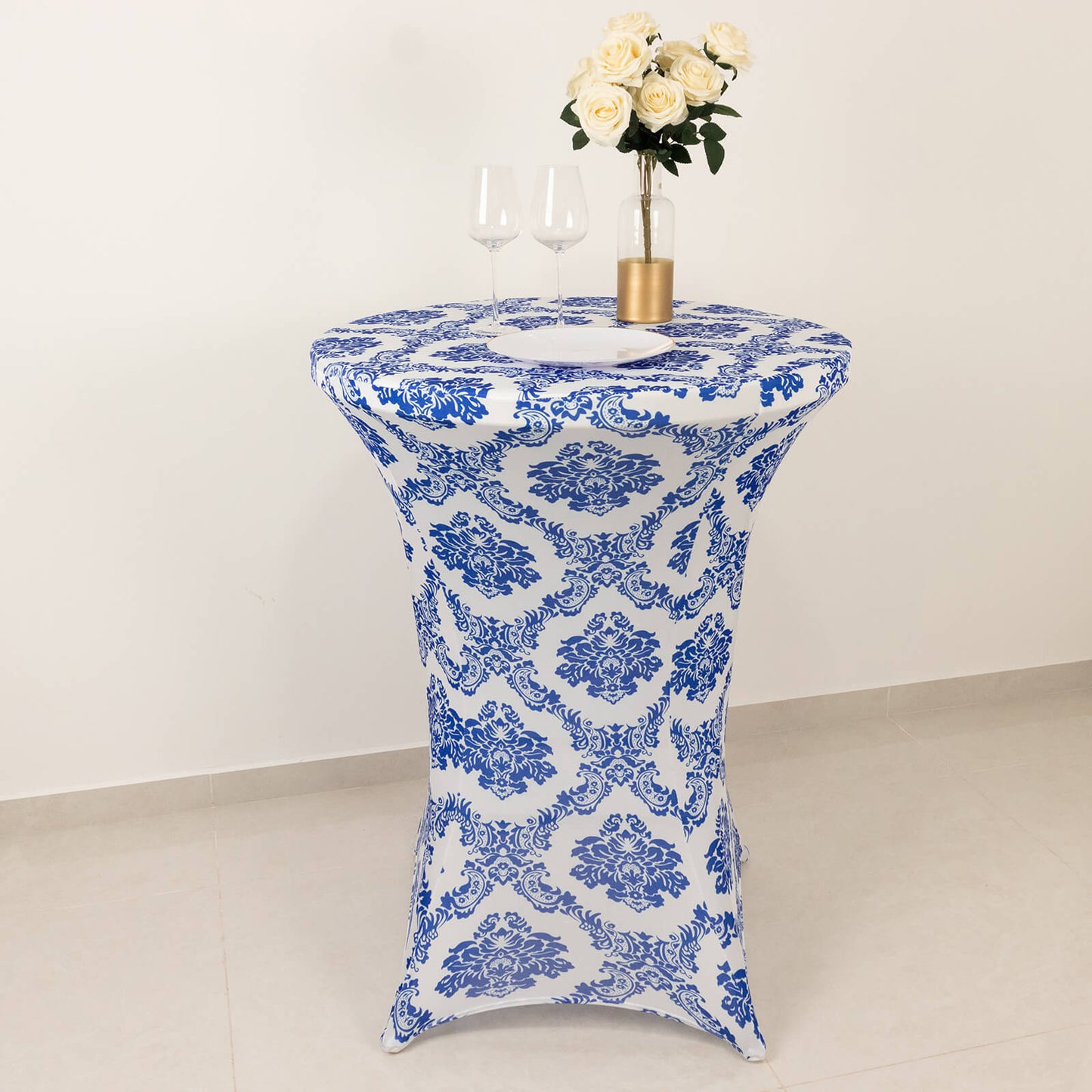 Royal Blue Damask Cocktail Spandex Table Cover, 30" Round Highboy Stretch Fitted Tablecloth