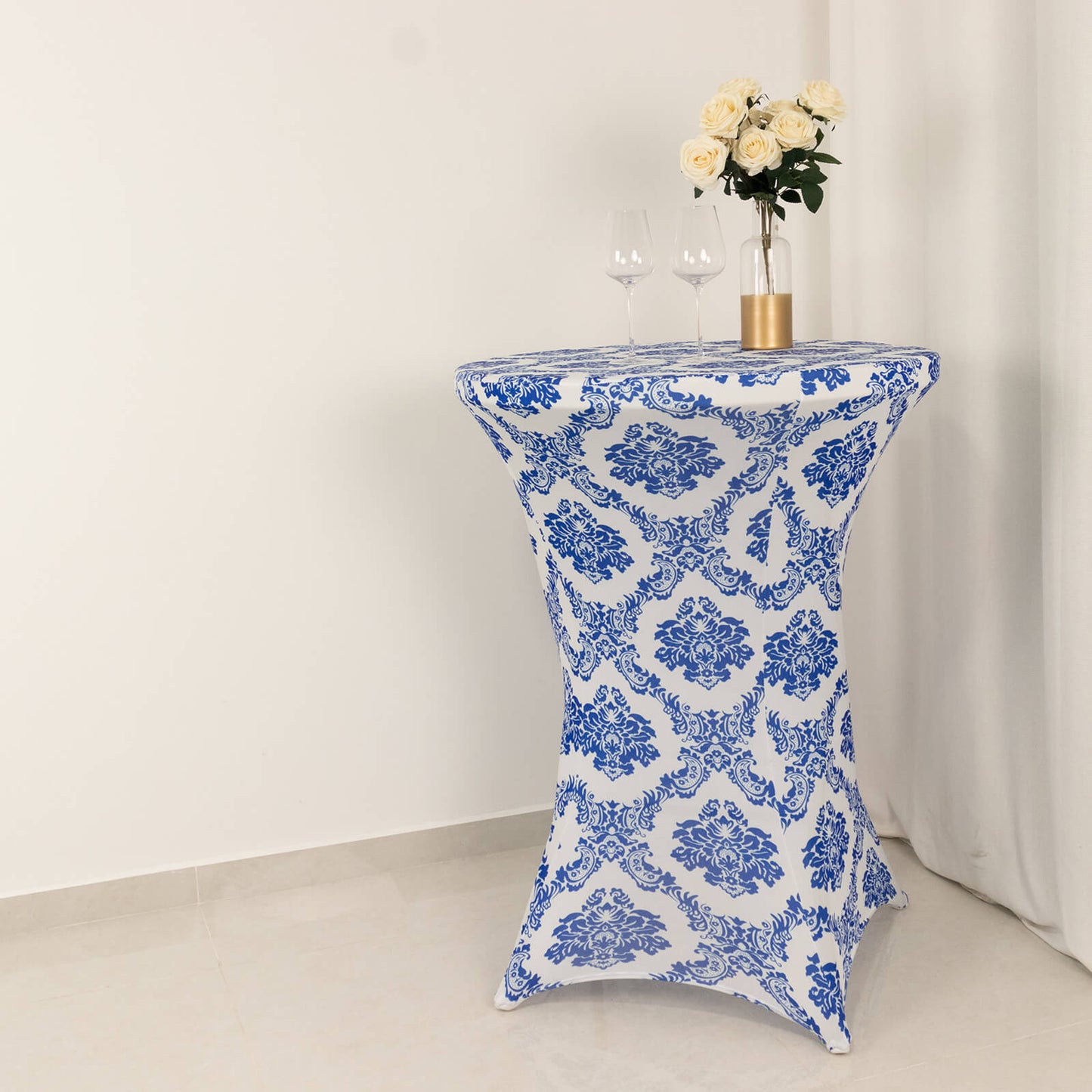 Royal Blue Damask Cocktail Spandex Table Cover, 30" Round Highboy Stretch Fitted Tablecloth