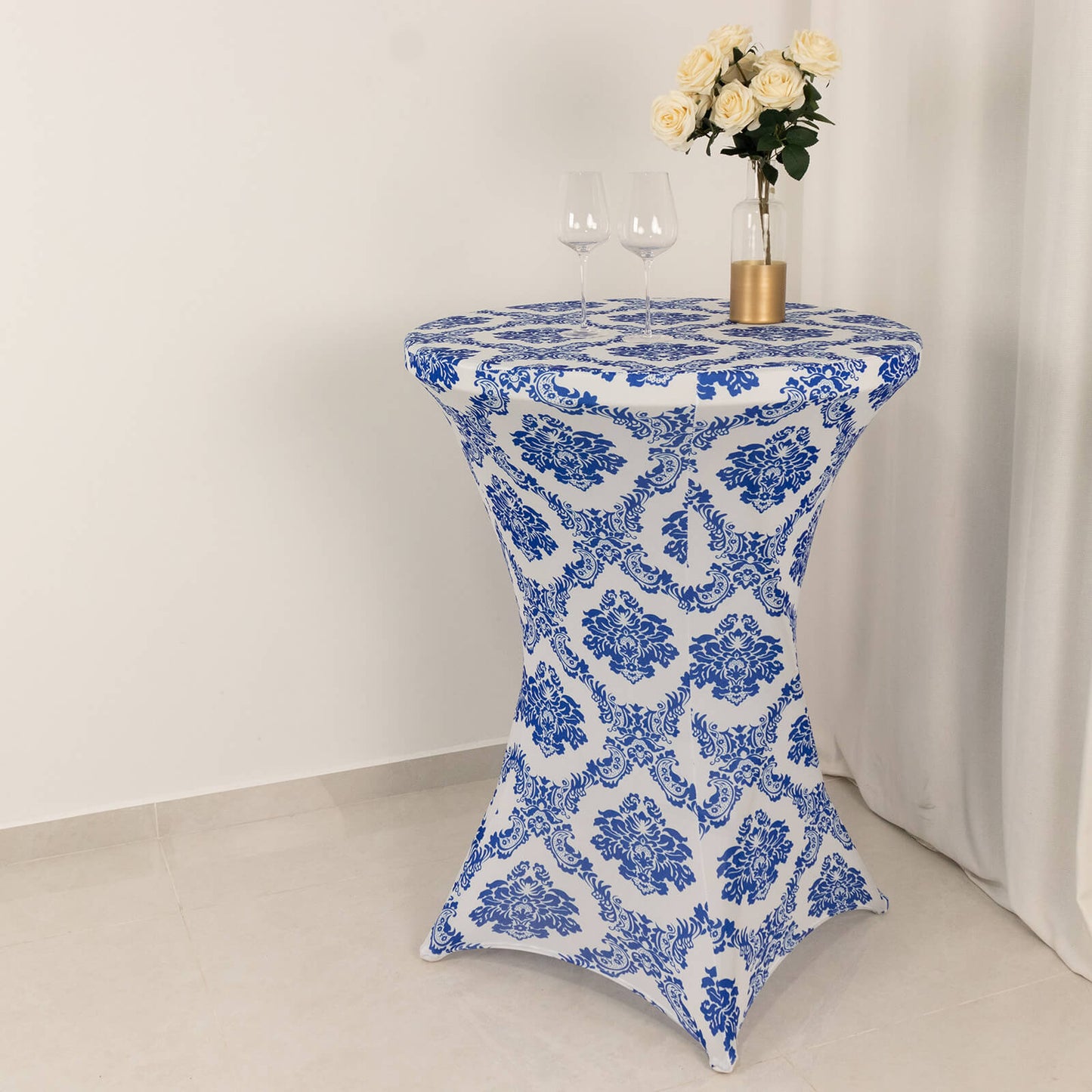 Royal Blue Damask Cocktail Spandex Table Cover, 30" Round Highboy Stretch Fitted Tablecloth