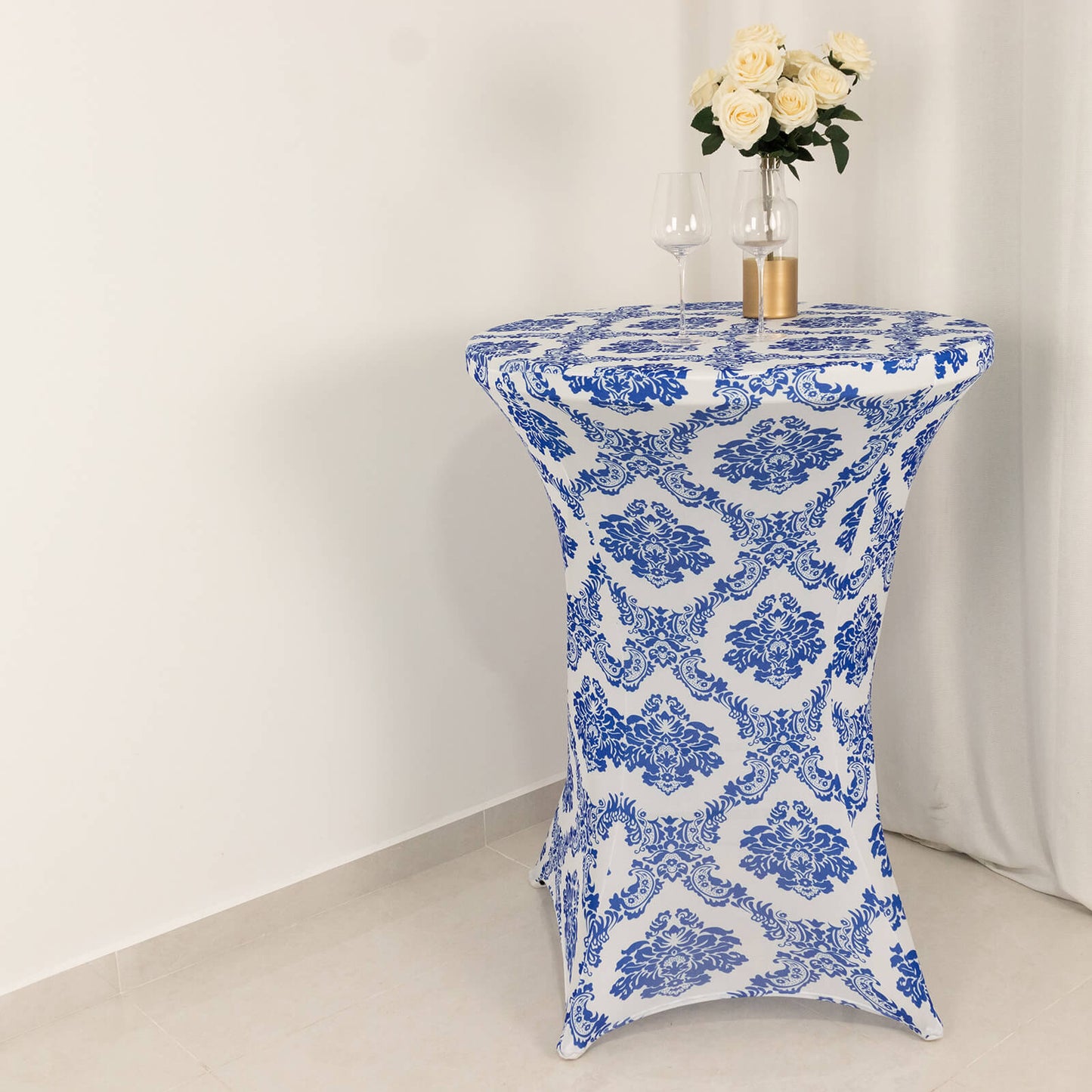 Royal Blue Damask Cocktail Spandex Table Cover, 30" Round Highboy Stretch Fitted Tablecloth