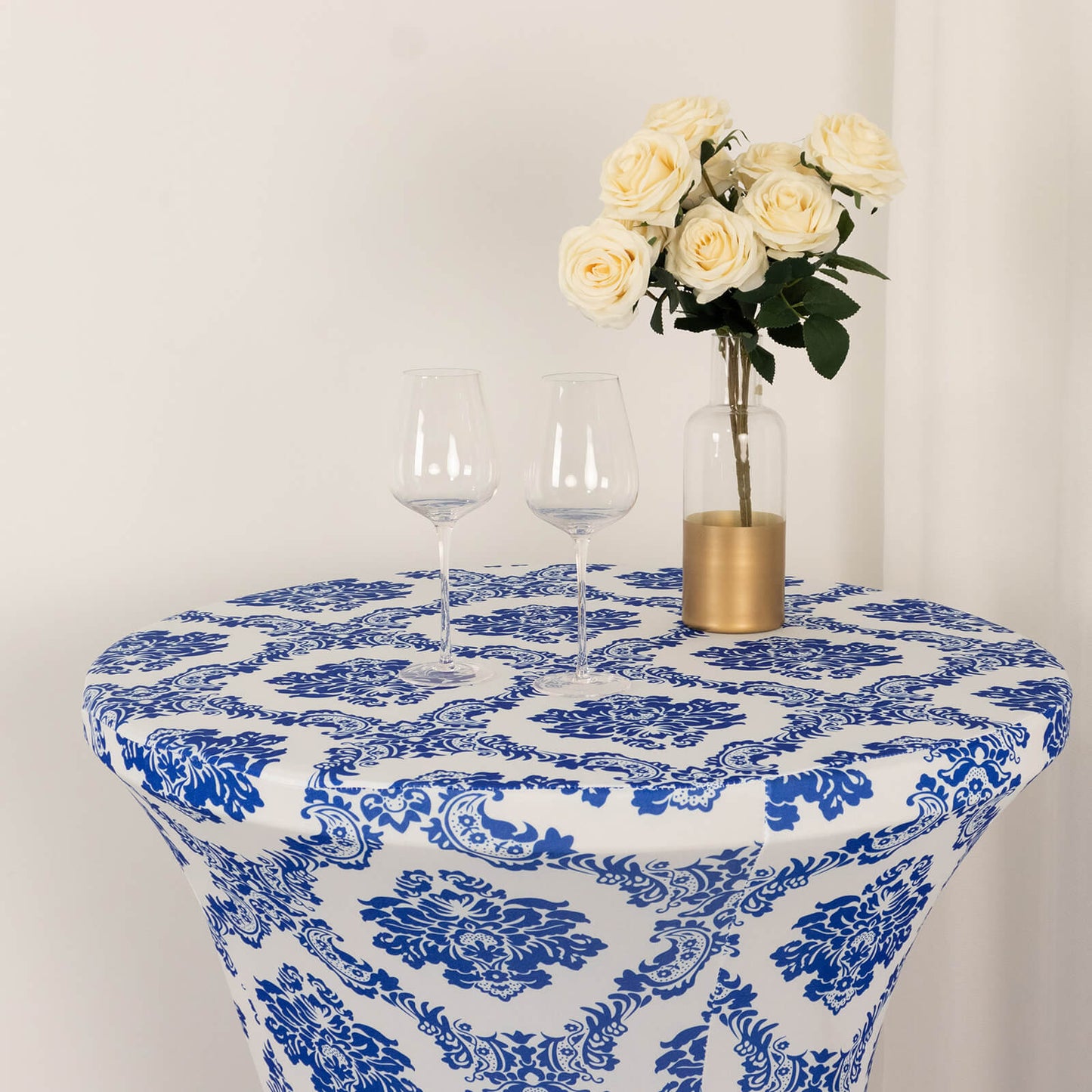 Royal Blue Damask Cocktail Spandex Table Cover, 30" Round Highboy Stretch Fitted Tablecloth
