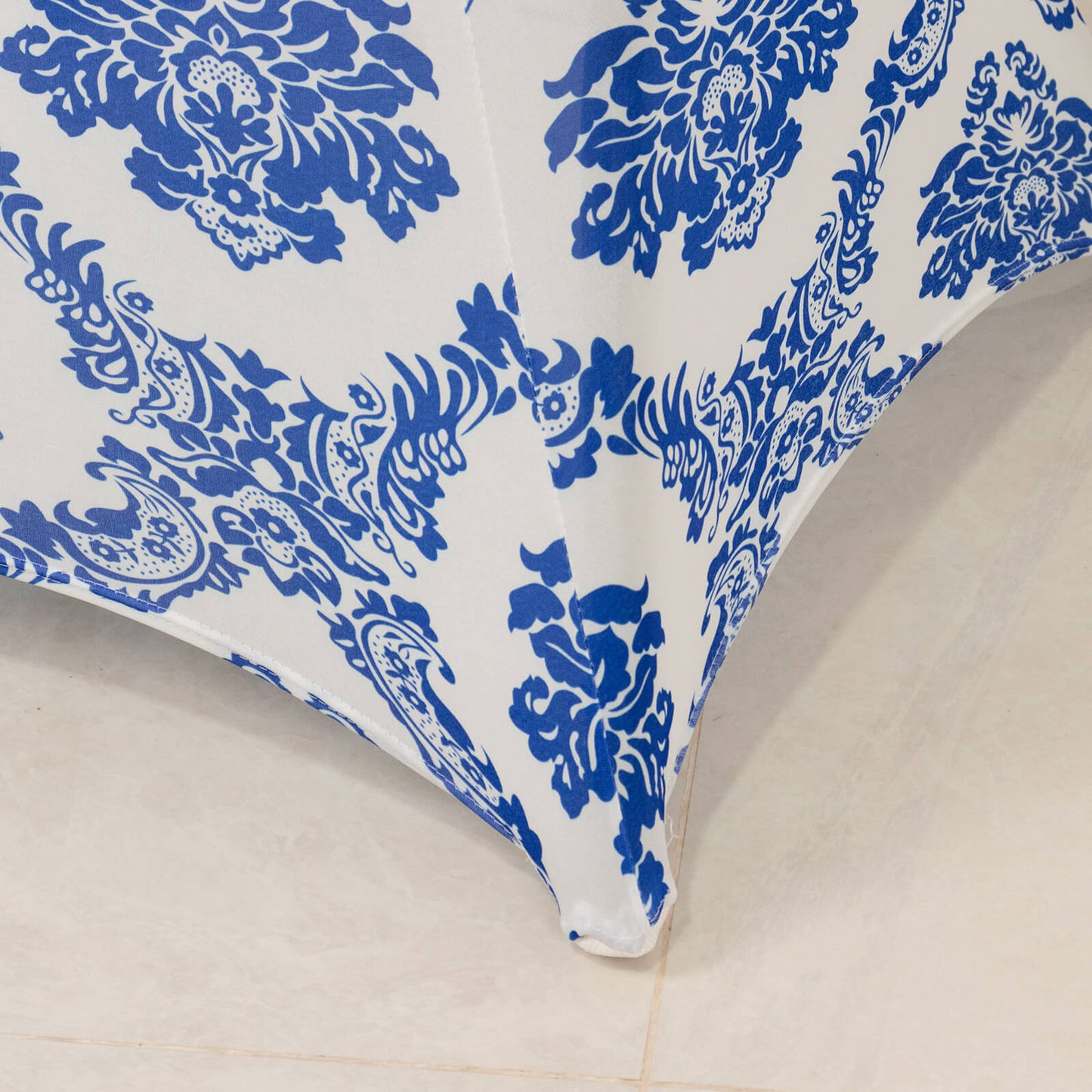 Royal Blue Damask Cocktail Spandex Table Cover, 30" Round Highboy Stretch Fitted Tablecloth