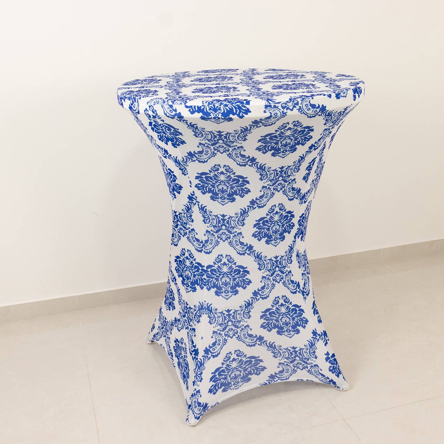 Royal Blue Damask Cocktail Spandex Table Cover, 30" Round Highboy Stretch Fitted Tablecloth