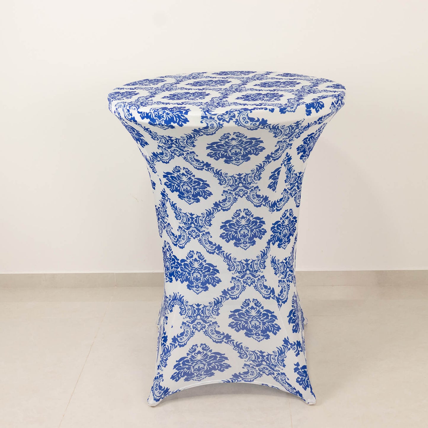 Royal Blue Damask Cocktail Spandex Table Cover, 30" Round Highboy Stretch Fitted Tablecloth