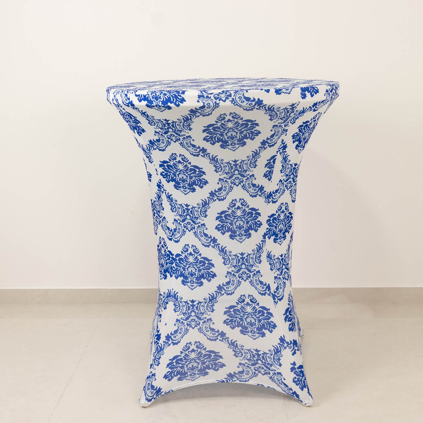 Royal Blue Damask Cocktail Spandex Table Cover, 30" Round Highboy Stretch Fitted Tablecloth