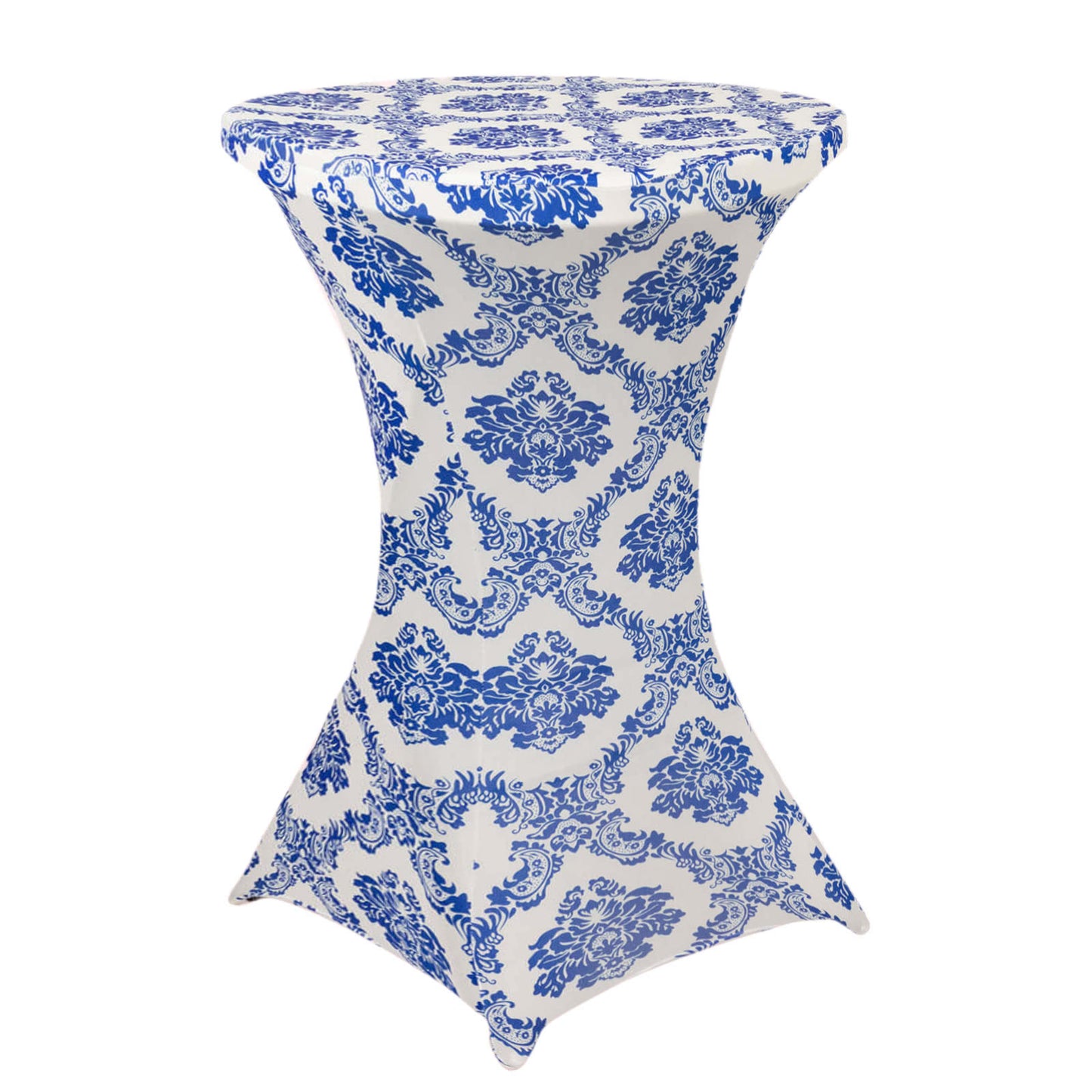 Royal Blue Damask Cocktail Spandex Table Cover, 30" Round Highboy Stretch Fitted Tablecloth