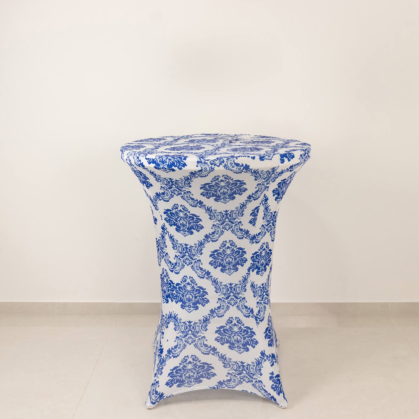 Royal Blue Damask Cocktail Spandex Table Cover, 30" Round Highboy Stretch Fitted Tablecloth