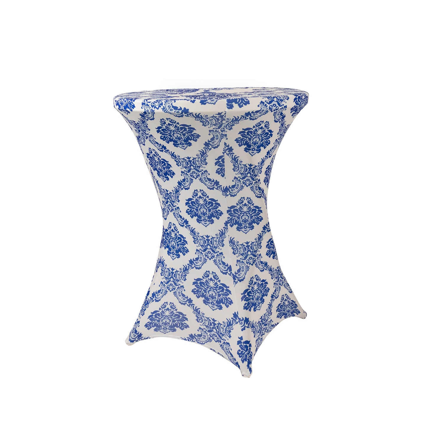 Royal Blue Damask Cocktail Spandex Table Cover, 30" Round Highboy Stretch Fitted Tablecloth