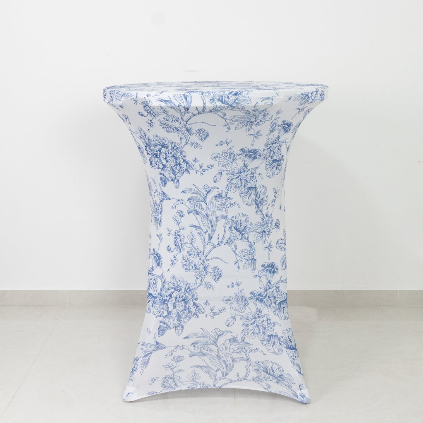 Spandex Round Cocktail Table Cover – Blue & White French Toile, 30" Highboy Stretch Fitted Tablecloth