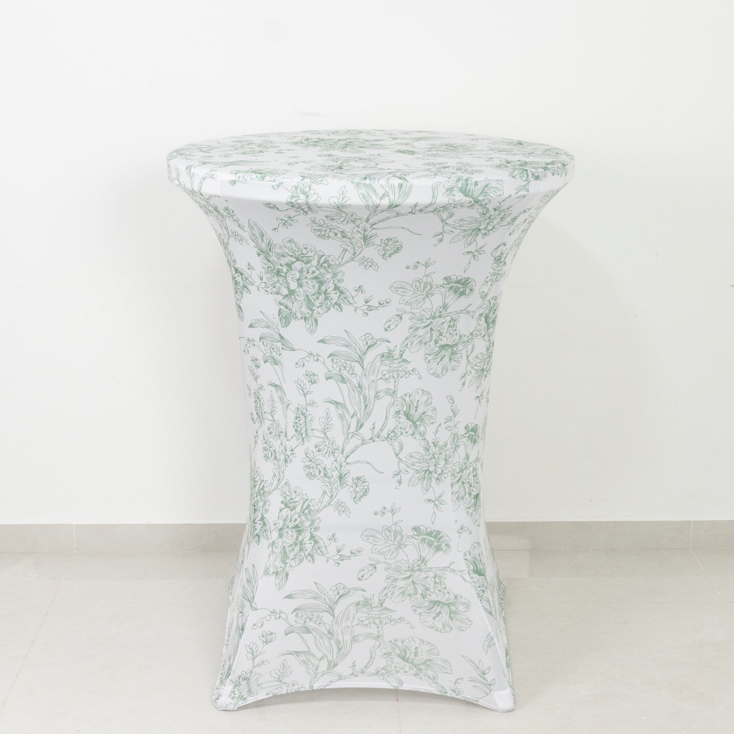 Spandex Round Cocktail Table Cover – Dusty Sage Green & White French Toile, 30" Highboy Stretch Fitted Tablecloth