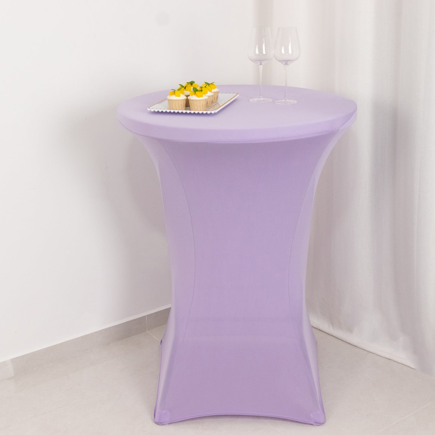 Lavender highboy spandex cocktail table cover for 30" high top tables.