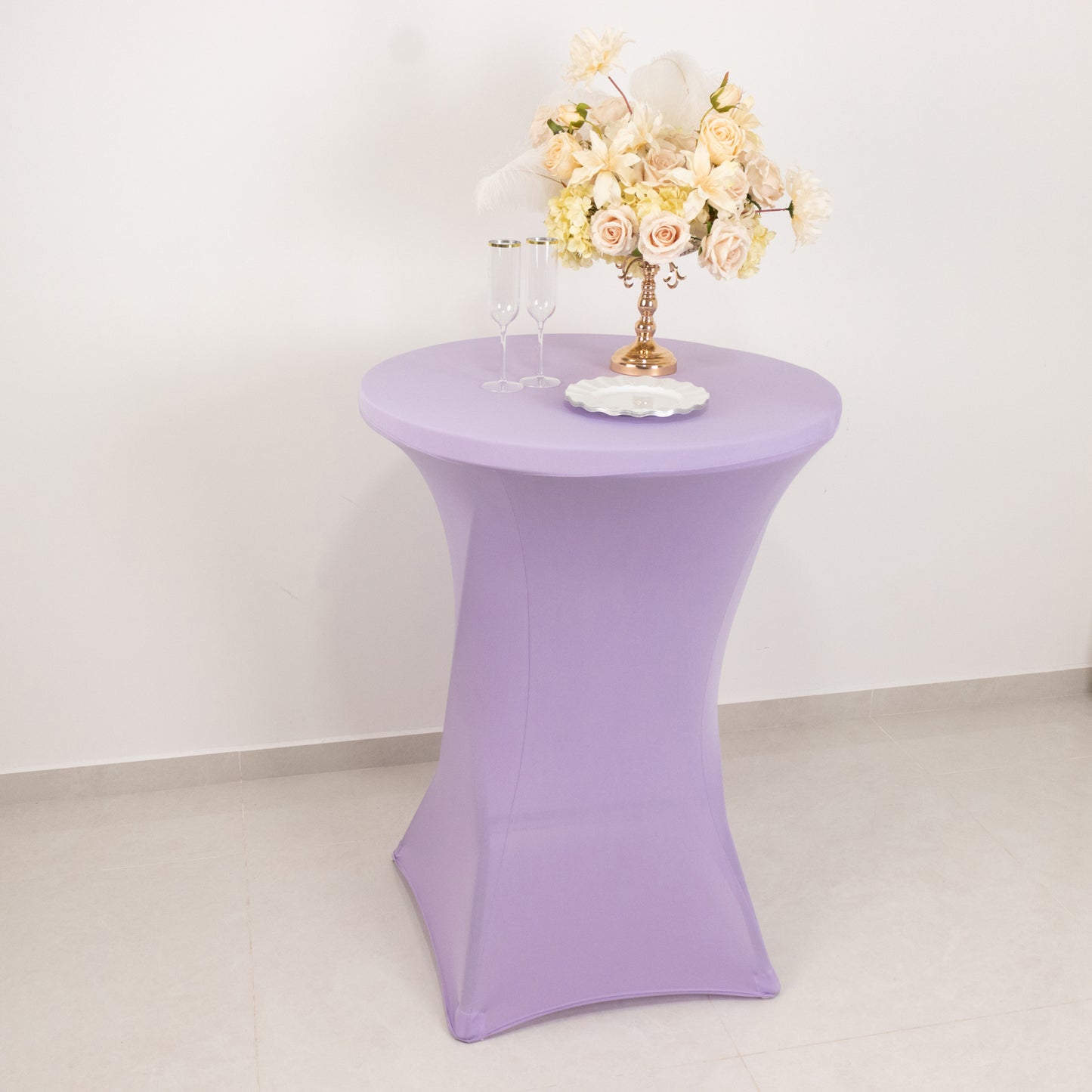 Lavender highboy spandex cocktail table cover on a high top table.