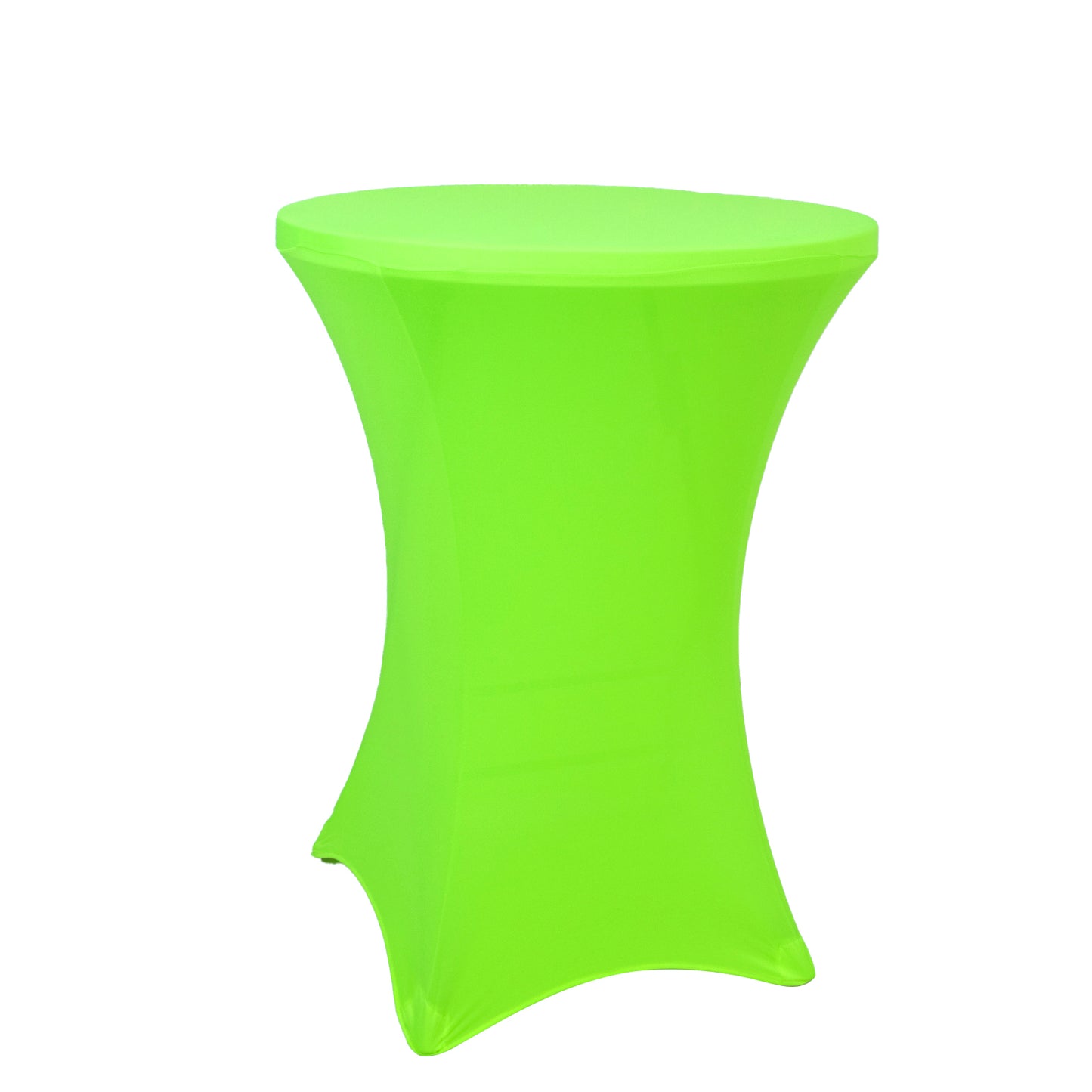 Glow neon green spandex cocktail tablecloth, 30" round, wrinkle-free cover.