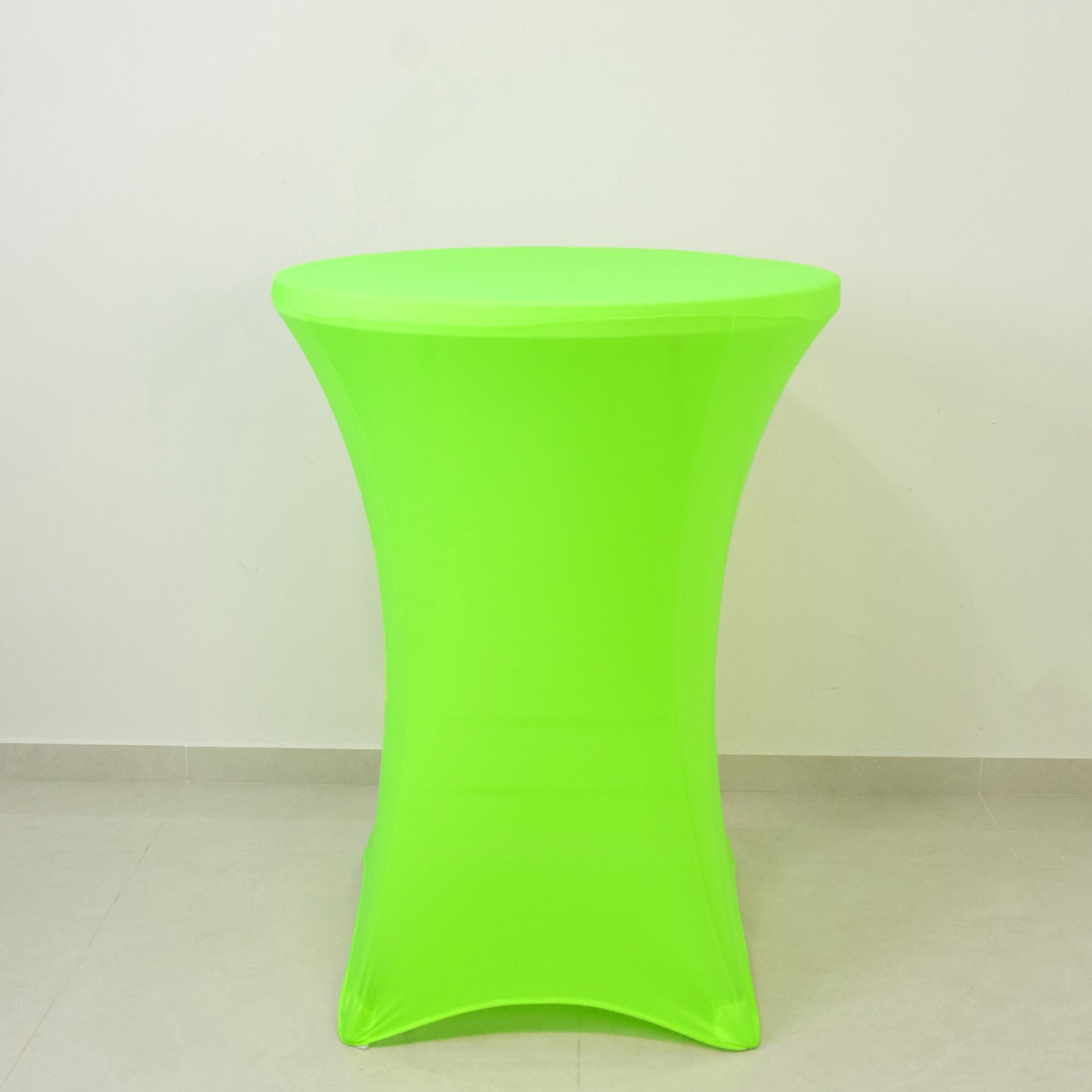 Glow neon green fitted spandex cocktail tablecloth, 30" round, wrinkle-free cover.