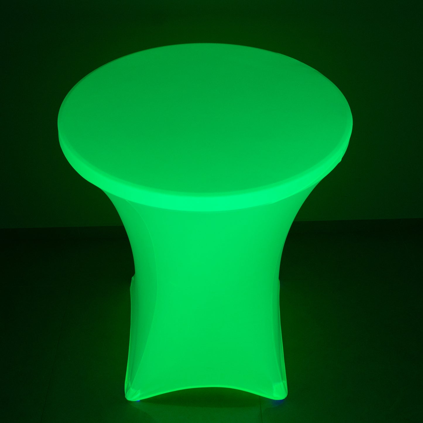 Glow neon green fitted spandex cocktail tablecloth for 30" round tables.