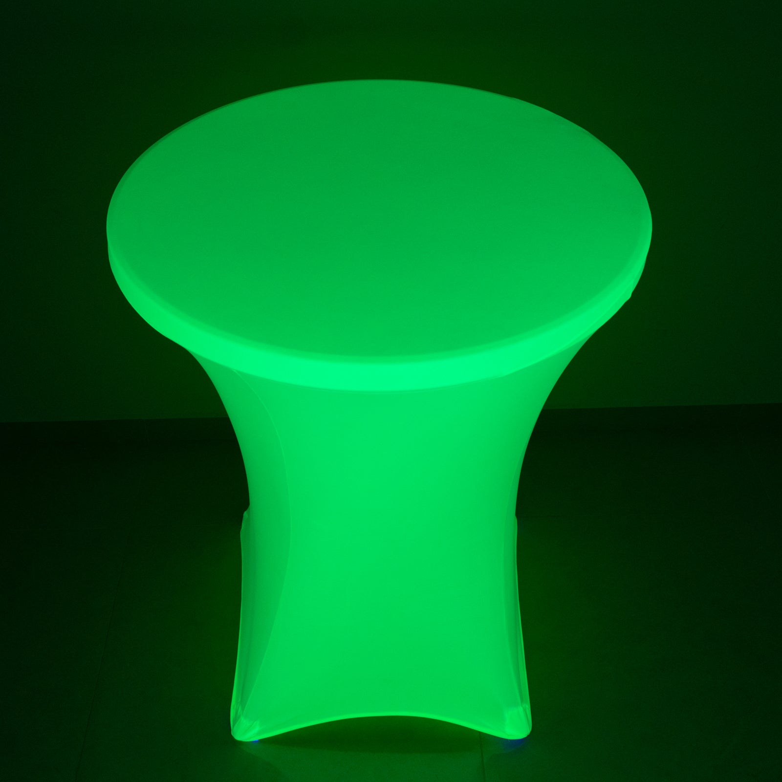 Glow neon green fitted spandex cocktail tablecloth for 30" round tables.