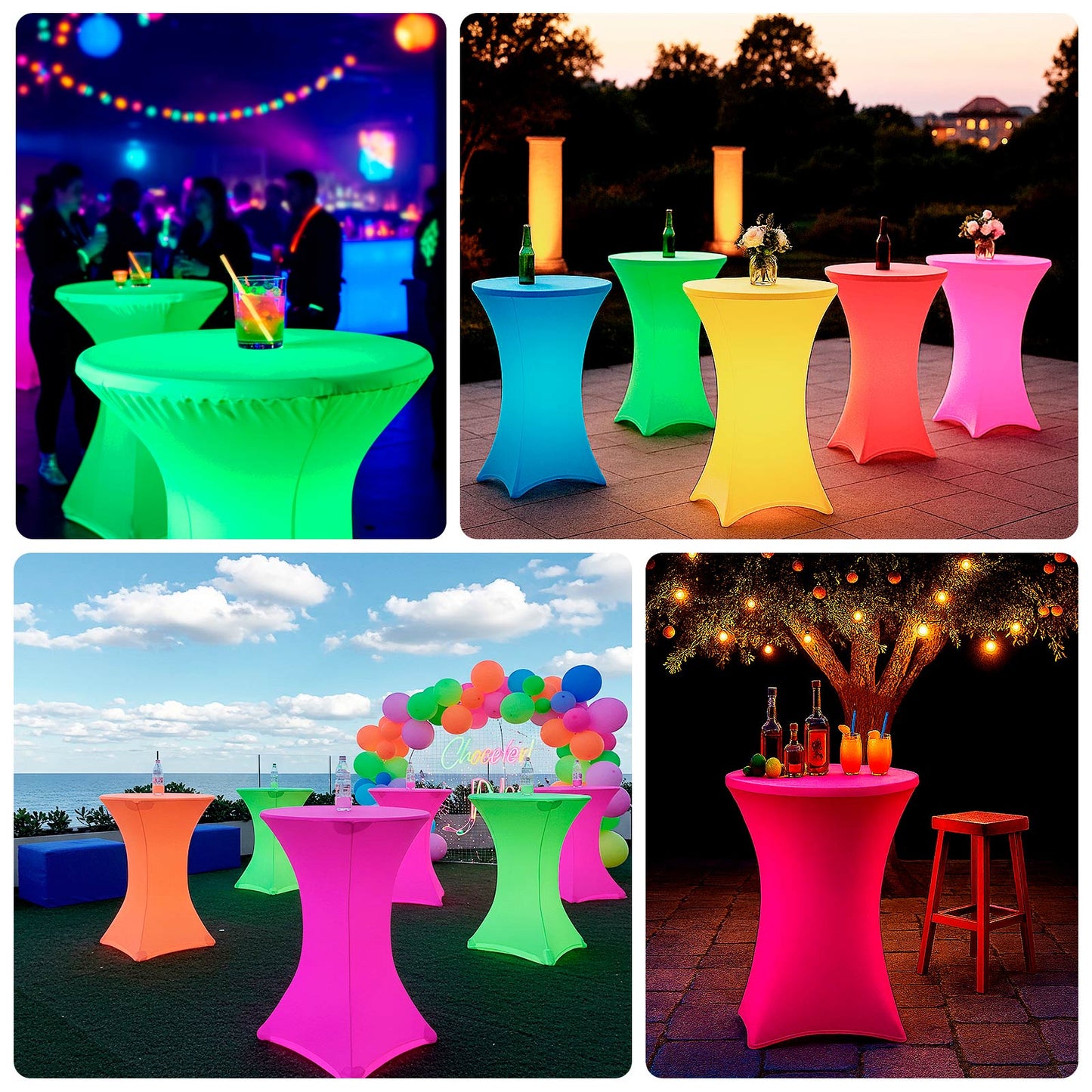 Glow Neon Orange Fitted Spandex Tablecloth on a cocktail table.