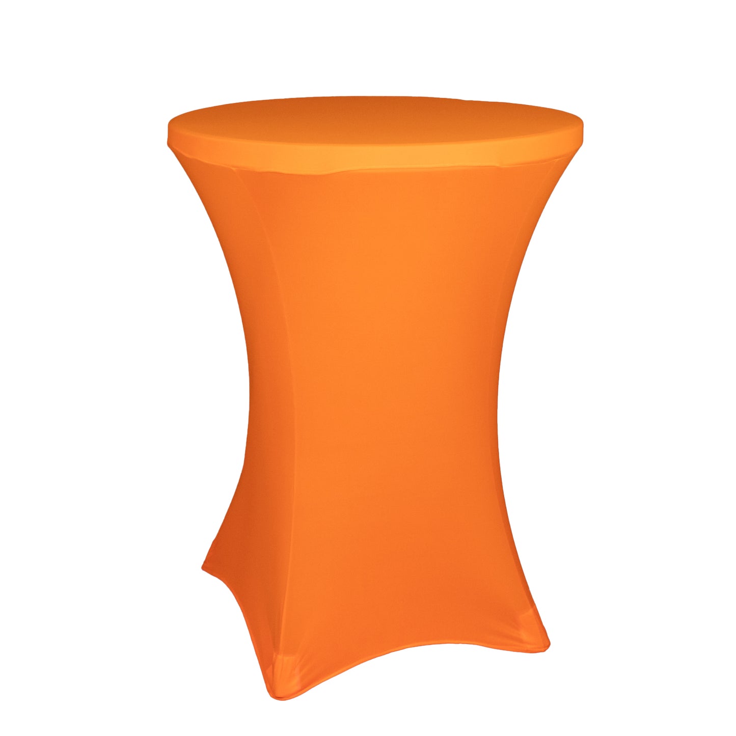 Glow neon orange spandex cocktail tablecloth, 30" round, wrinkle-free cover.