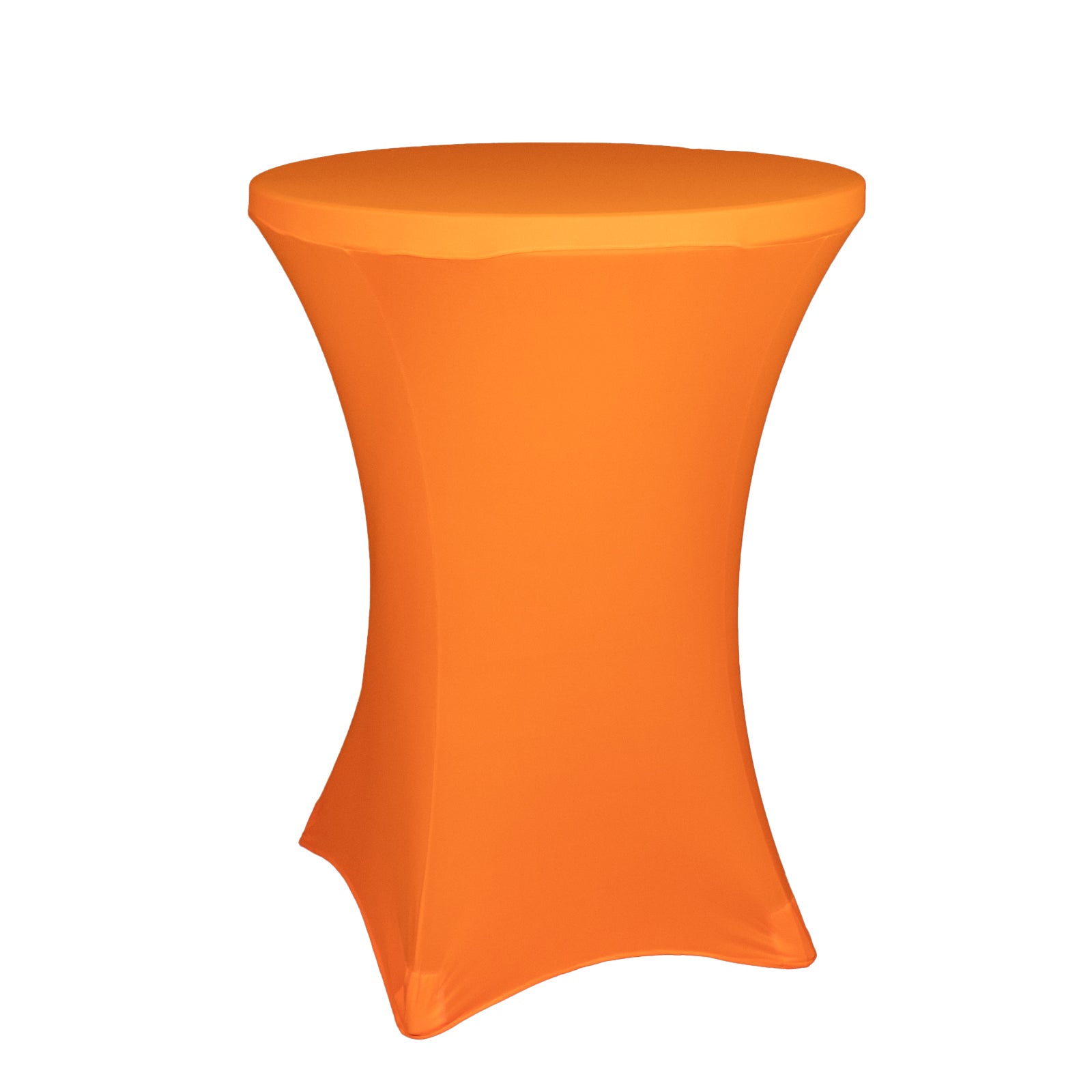 Glow neon orange spandex cocktail tablecloth, 30" round, wrinkle-free cover.