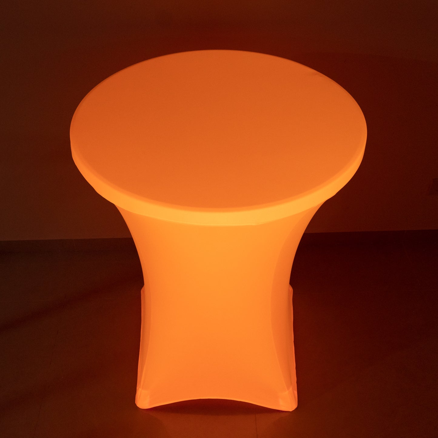 Glow neon orange fitted spandex cocktail tablecloth for 30" round tables.