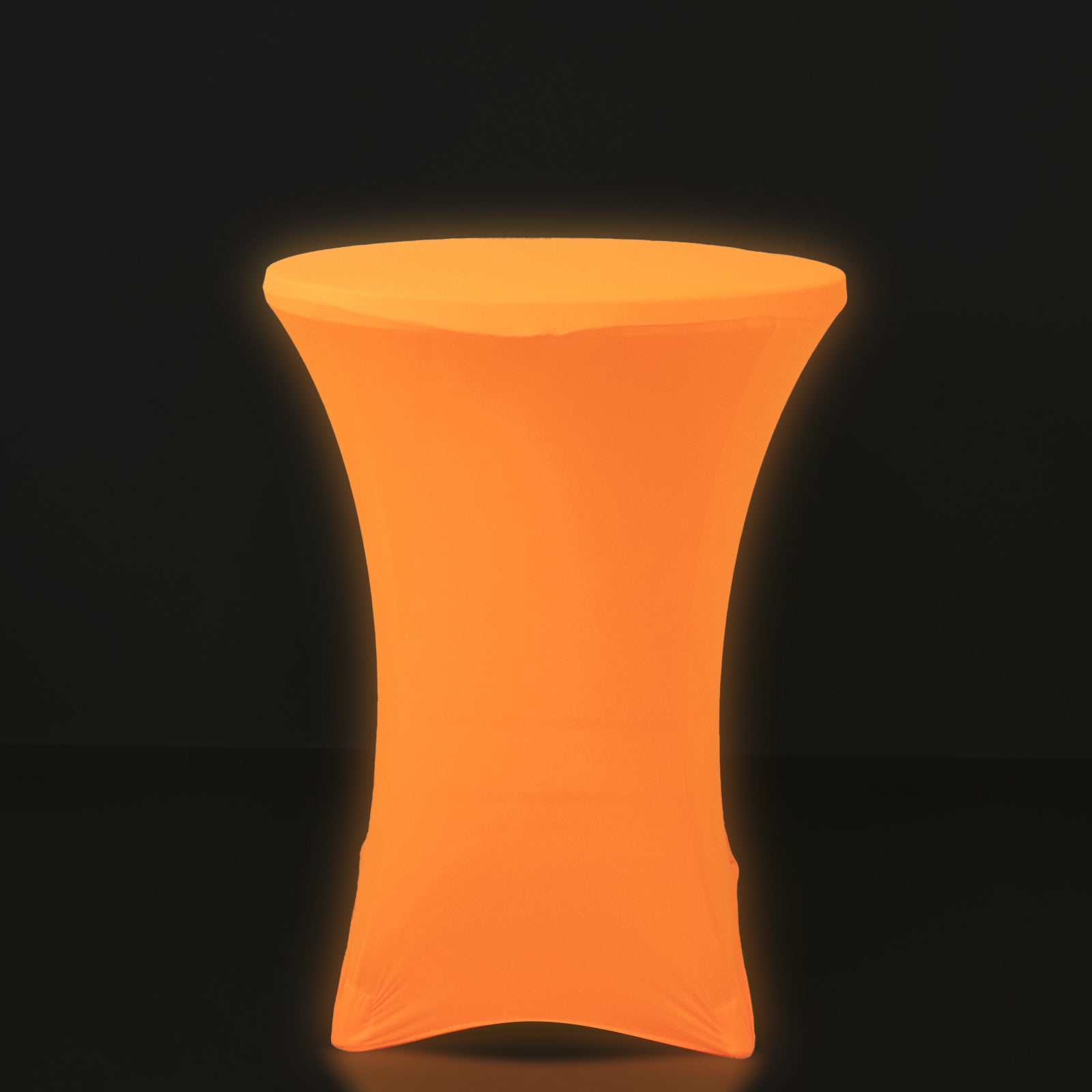 Glow neon orange fitted spandex cocktail tablecloth for 30" round tables.