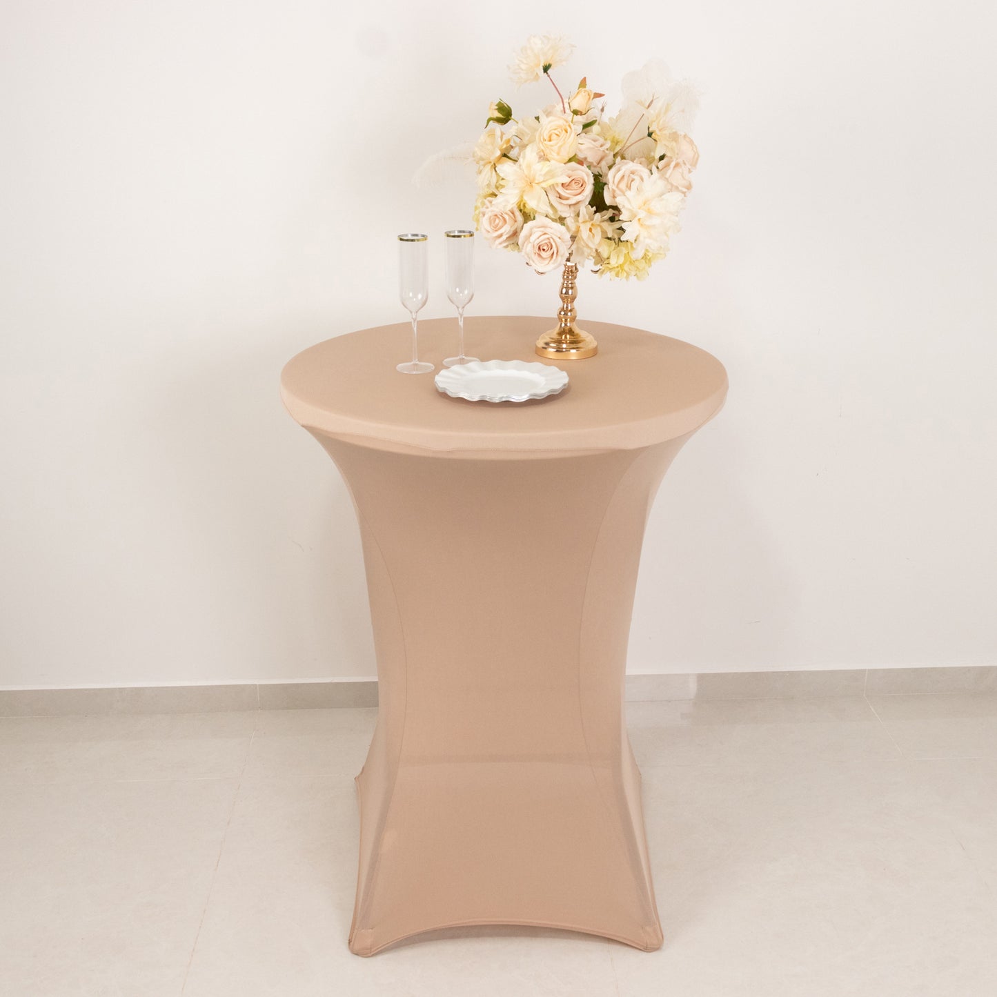 Nude fitted spandex cocktail table cover for high top tables.